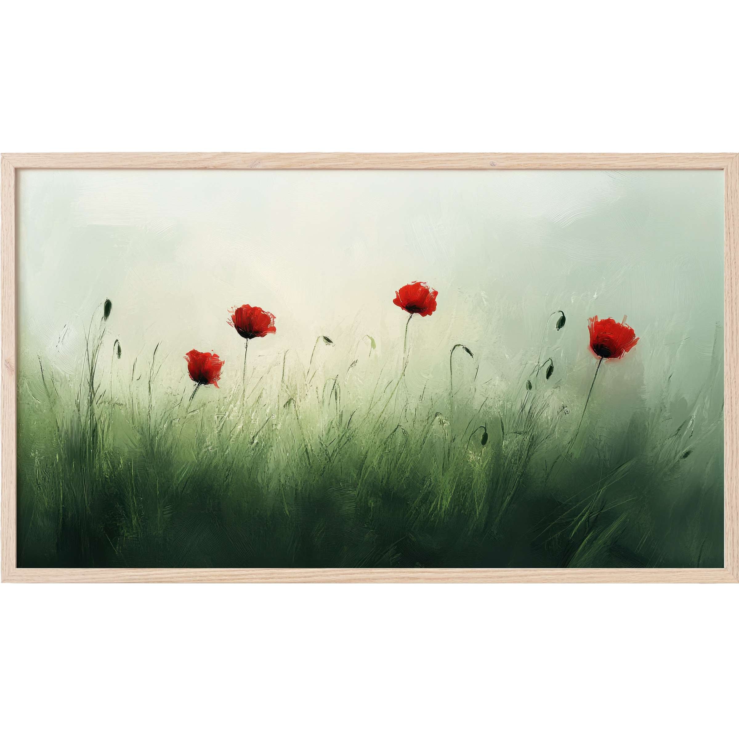 Elegant textured painting of red poppies on soft green grass with muted background, perfect spring Frame TV Art