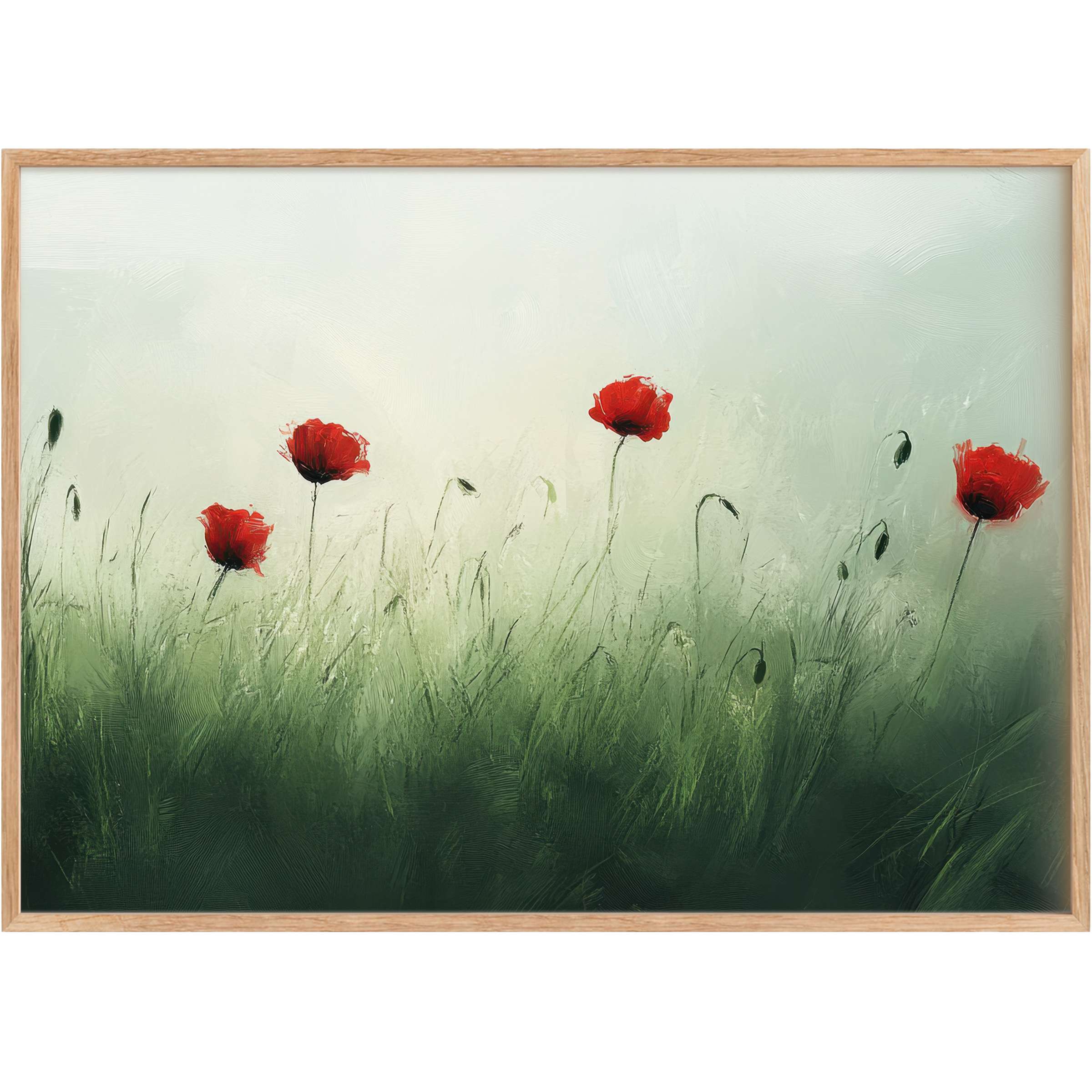 Elegant spring printable wall art with delicate red poppies against misty greens, evoking a serene, refreshing ambiance