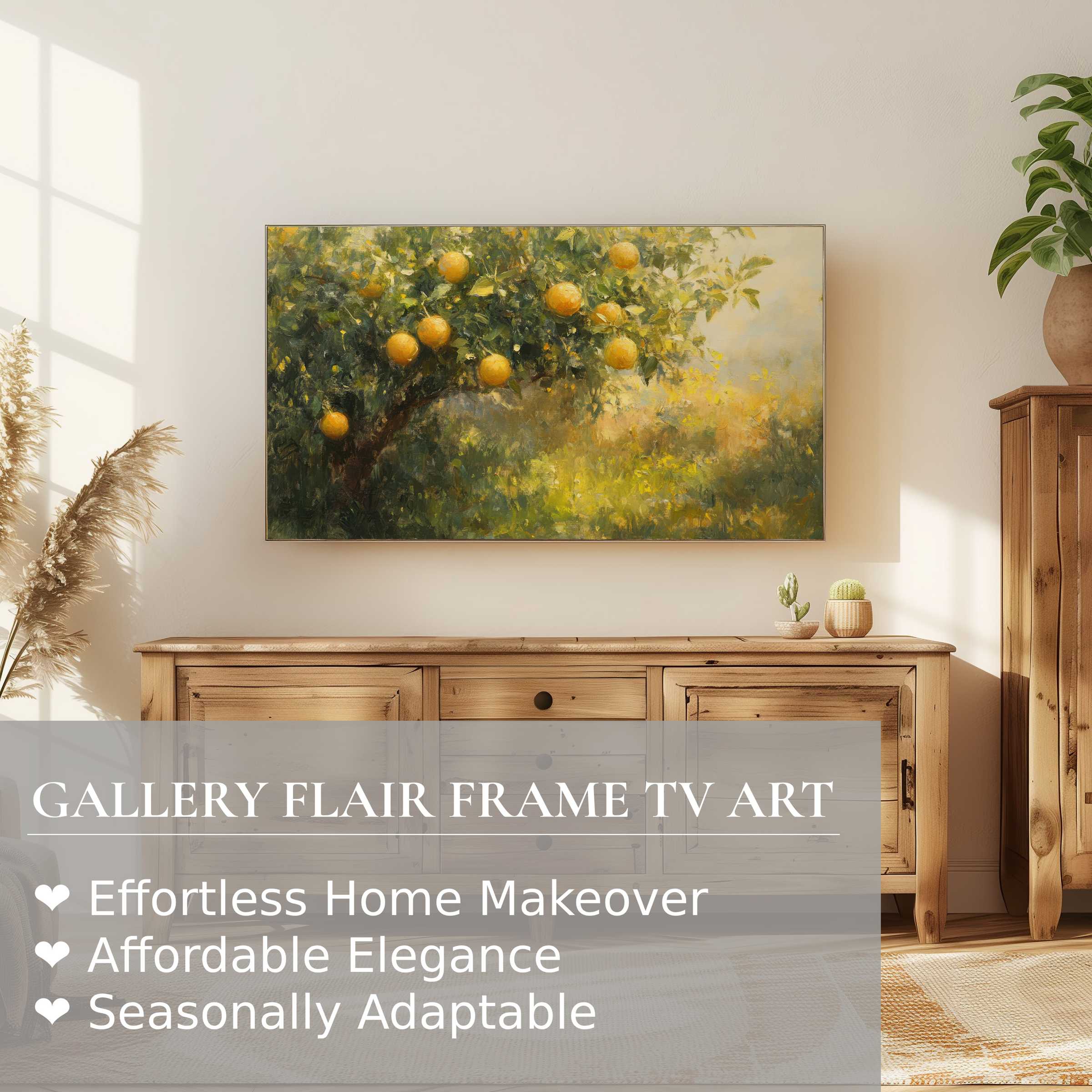 Samsung Frame TV displays warm, impressionist summer digital artwork of oranges in a sunlit, elegant living room