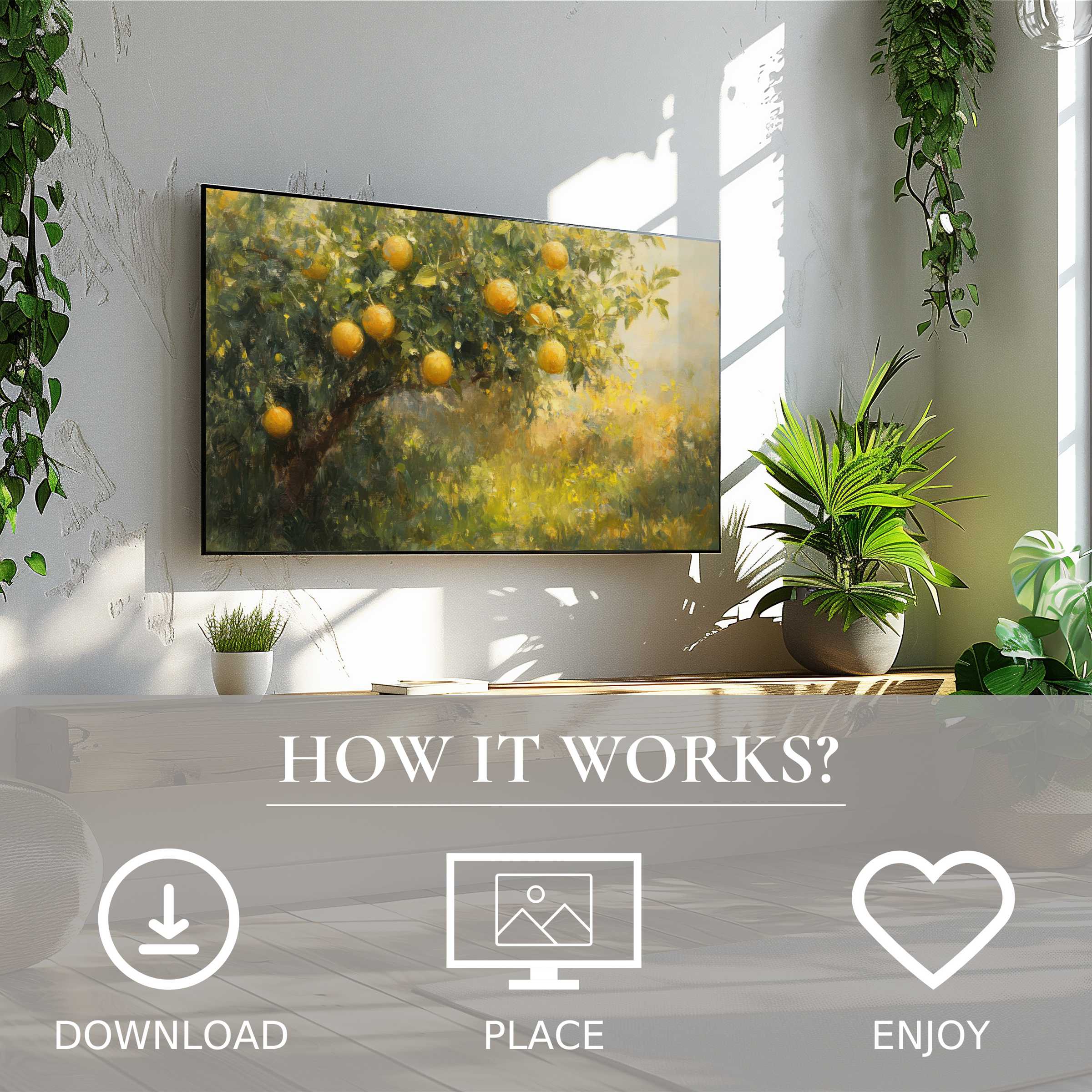 Summer art for Samsung TV shows soft sunset tones on a citrus tree, easy digital download enriches modern living spaces