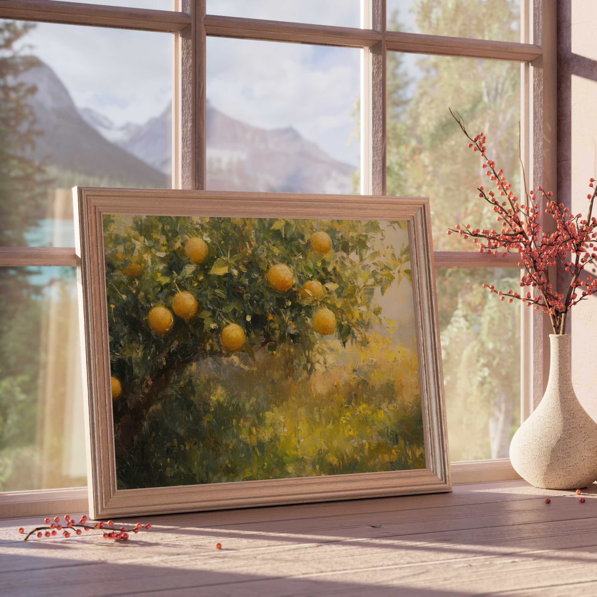 Sun-dappled lemon tree art evoking warm serenity, perfect summer downloadable art to elevate elegant, tranquil interiors