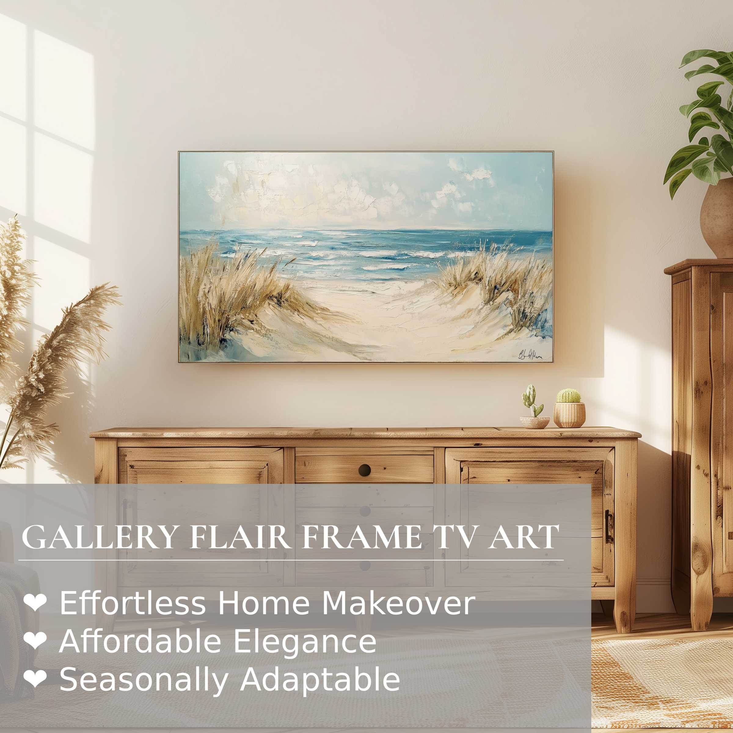 Samsung Frame TV showcasing serene landscape digital artwork of a coastal scene in a modern, tranquil living space