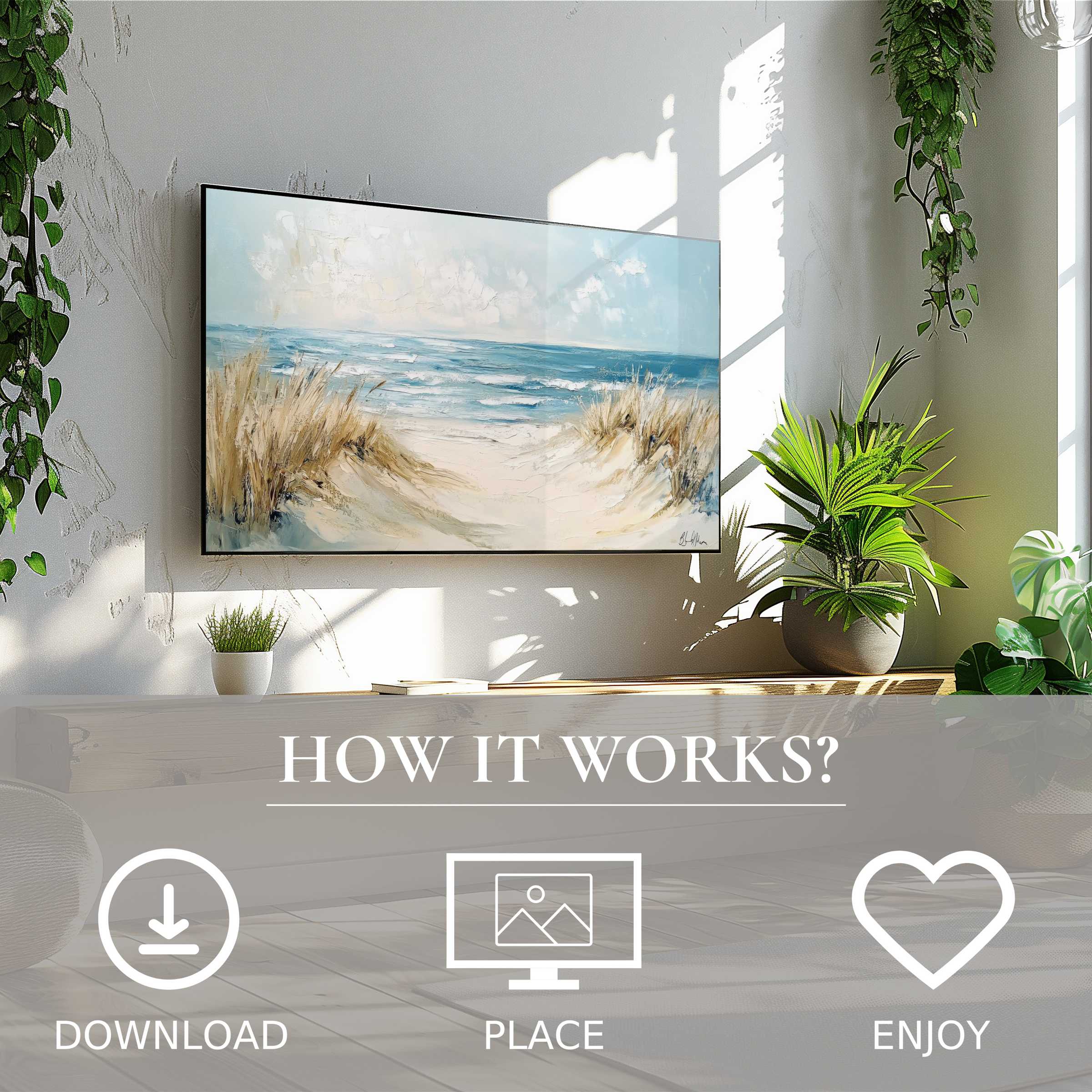 Bright living room with green plants, easy digital download; landscape art for Samsung TV shows soft coastal color flow