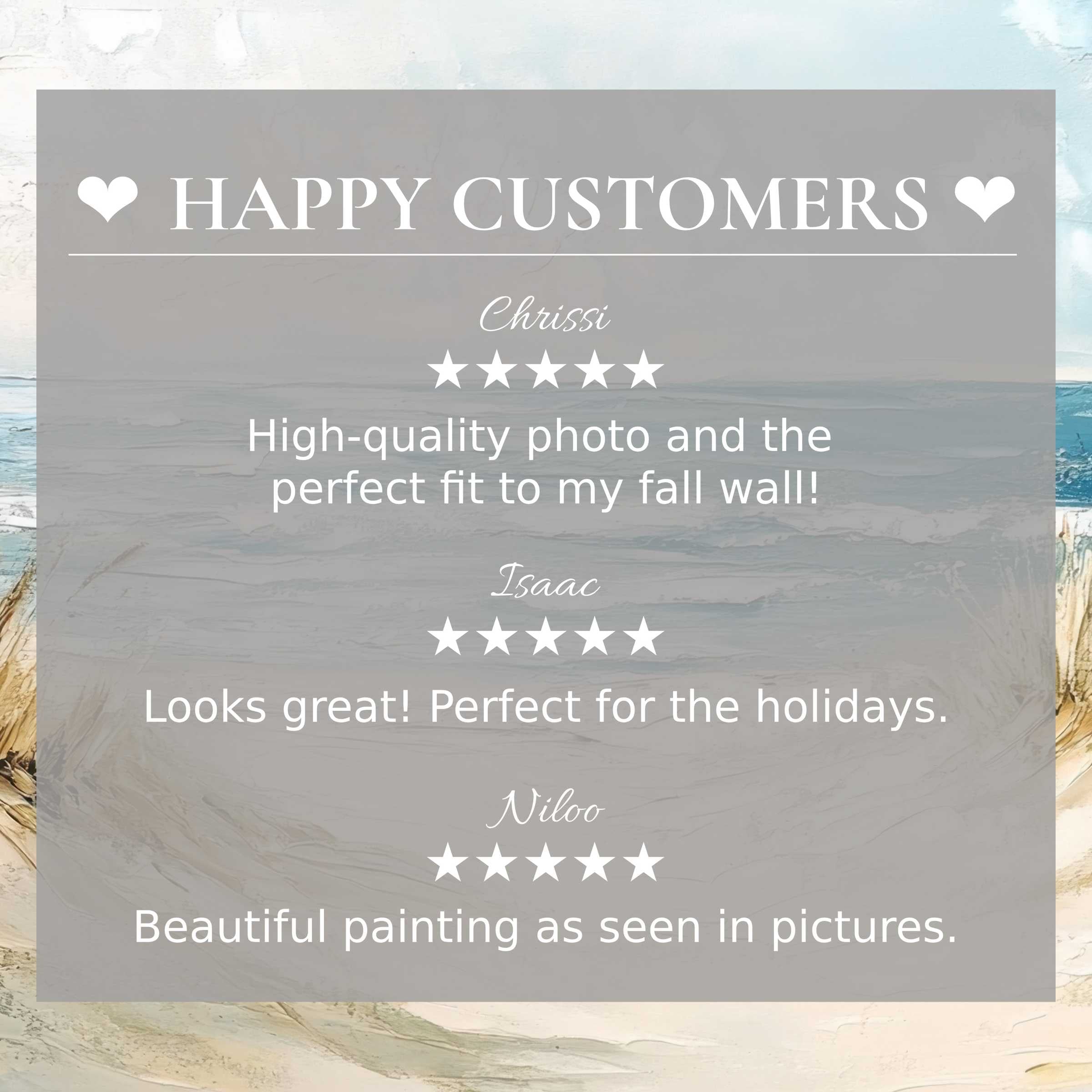 Elegant landscape art for Frame TV with abstract blue and beige hues, highlighting happy customer reviews and trust
