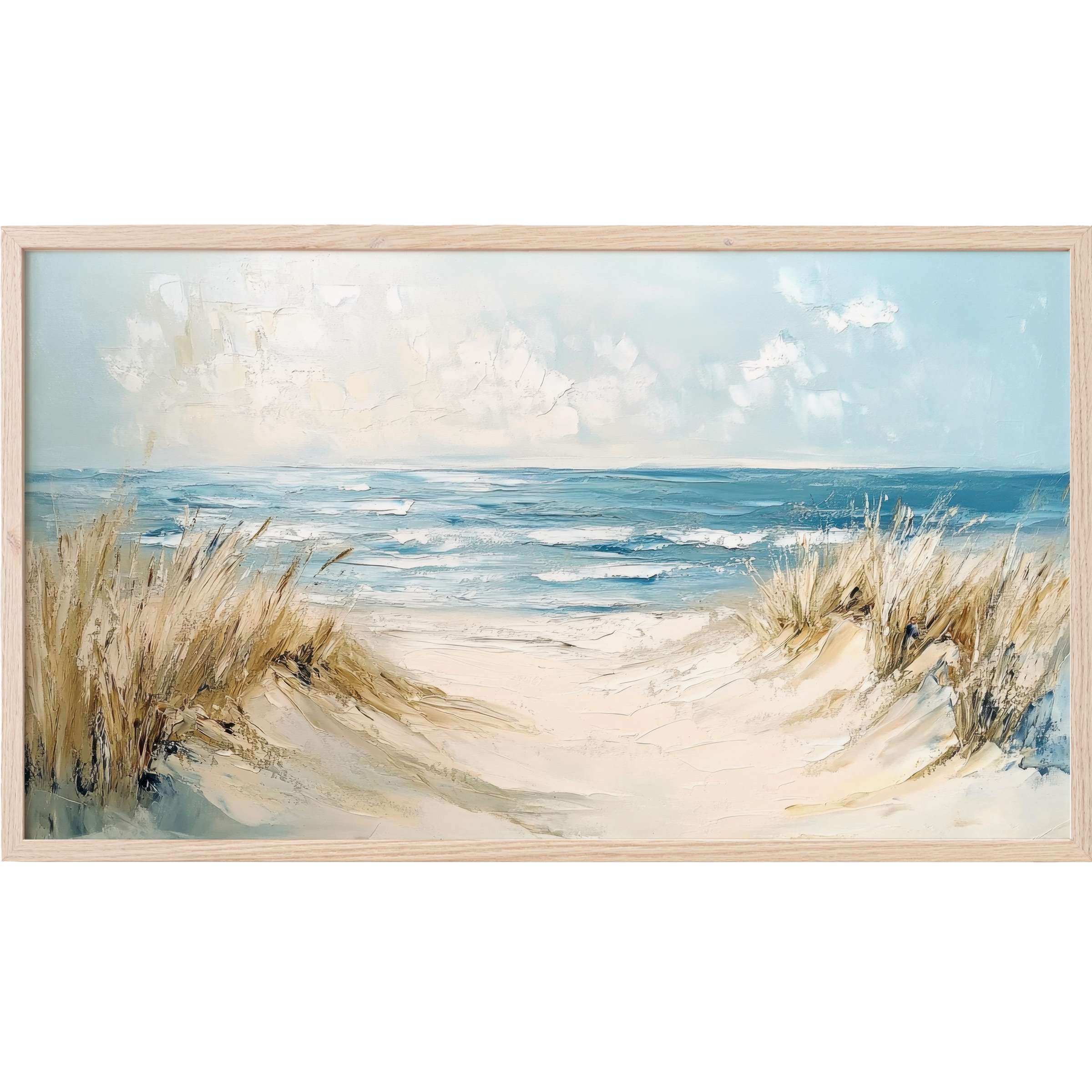 Serene coastal seascape in soft blues and sandy neutrals, textured brushstrokes, landscape Frame TV Art