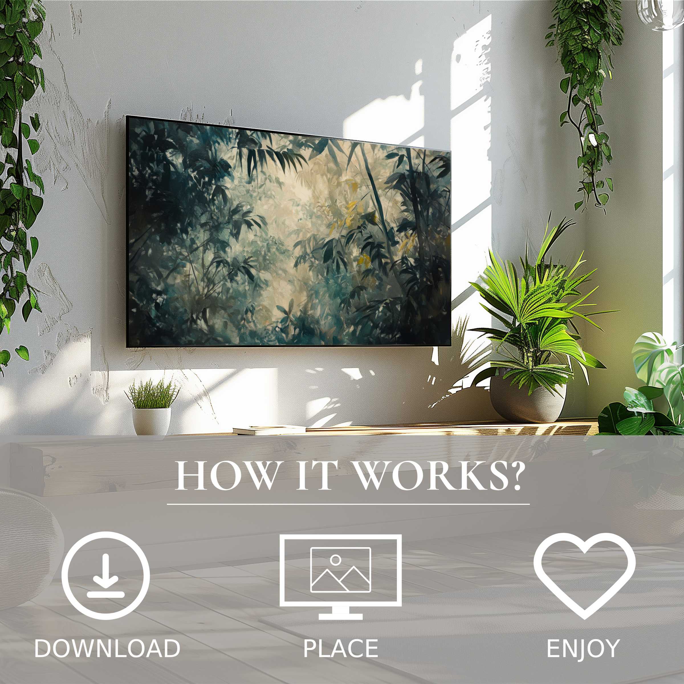 Vintage art for Samsung TV in a bright, plant-filled room, featuring soft forest tones; easy digital download for stylish decor