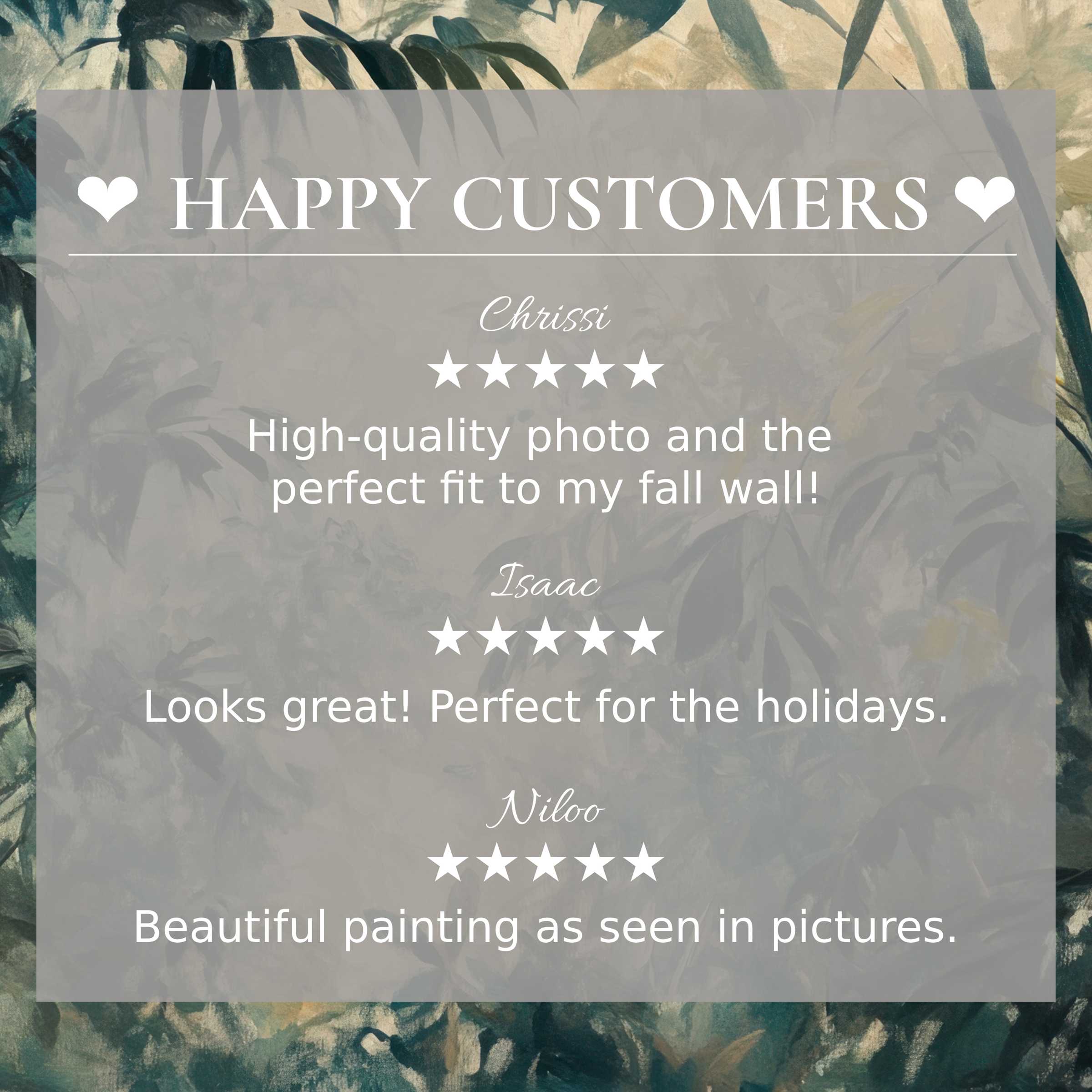 Vintage art for Frame TV with lush tropical leaves background, showcasing happy customer reviews and elegant trust-building design