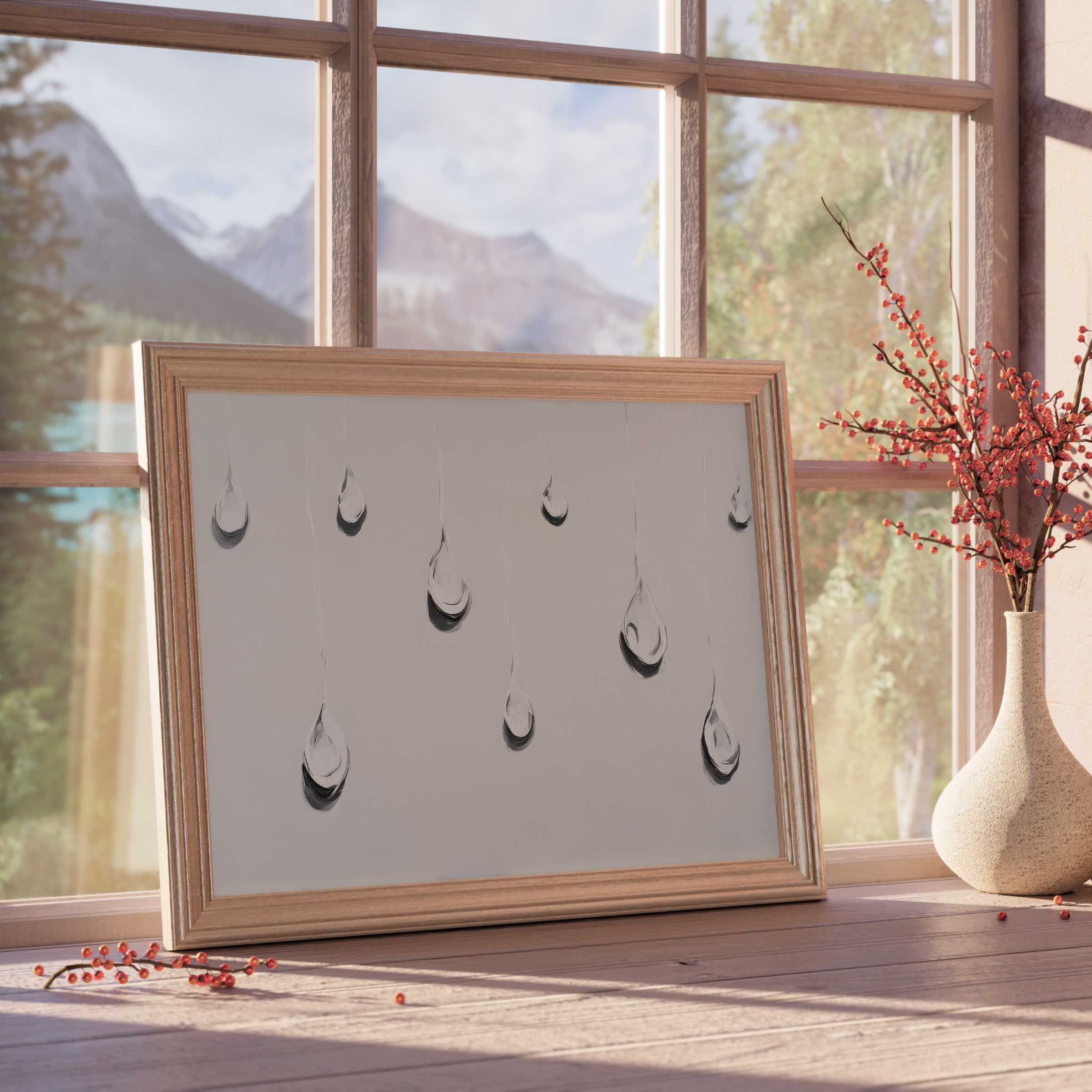 Minimalist downloadable art featuring delicate glass droplets, enhancing serene, curated interiors with modern, tranquil elegance