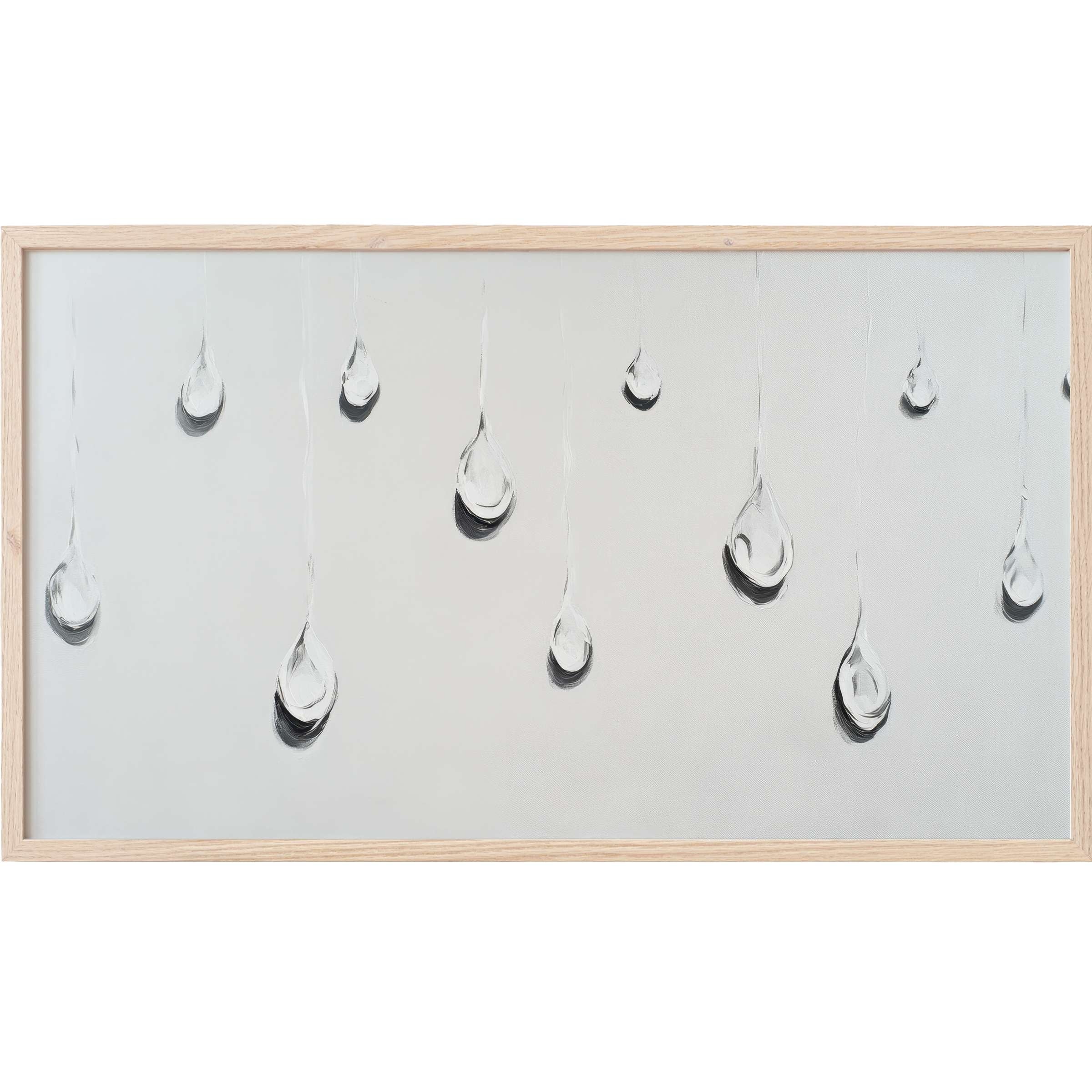 Minimalist Frame TV Art depicts delicate water drops in translucent whites and grays, framed in light wood