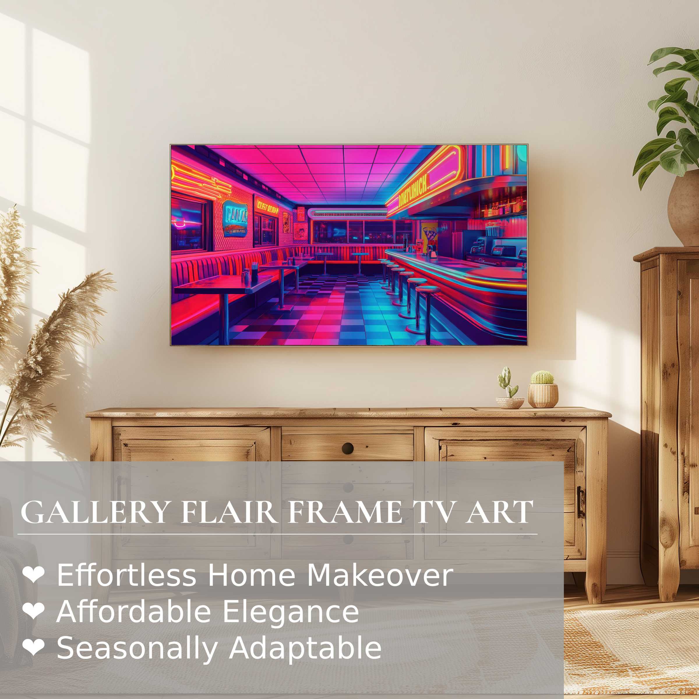 Samsung Frame TV displays vibrant pop art digital artwork of a neon-lit retro diner, perfect for chic interiors