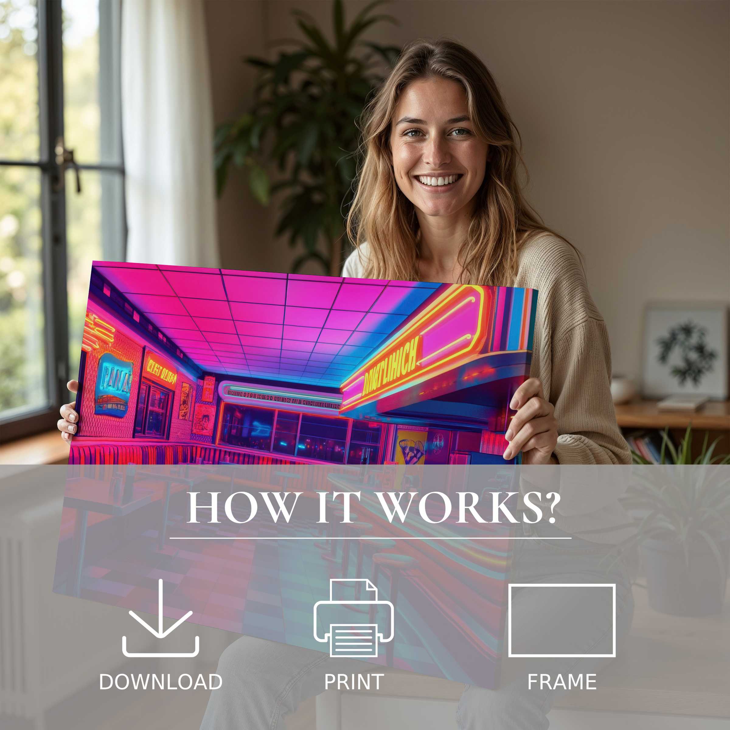 Bright pop art digital art print embraced in a sunlit modern home, inviting joyful connection and effortless elegance