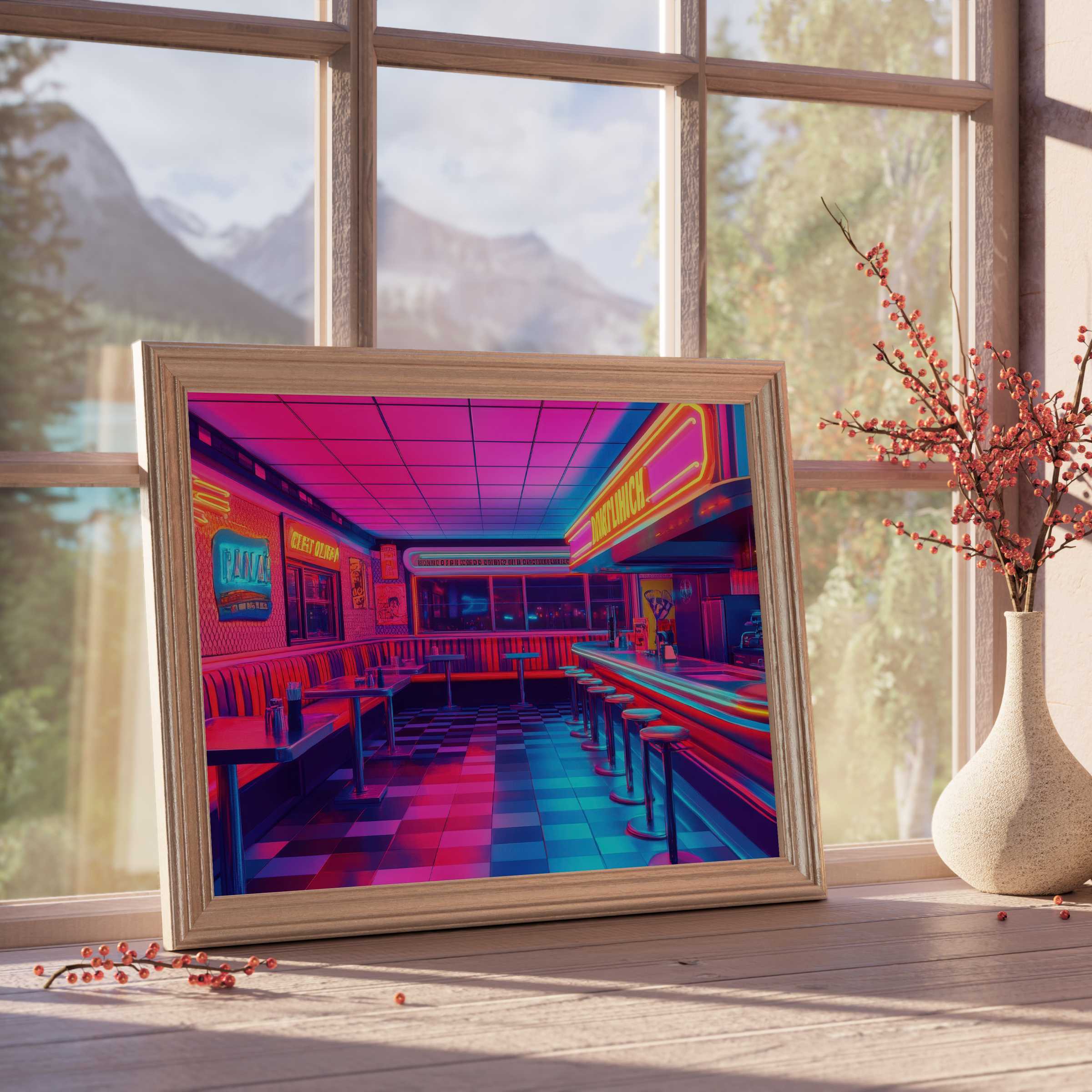 Vibrant pop art downloadable art featuring a retro diner scene, infusing curated interiors with bold neon hues and timeless nostalgia