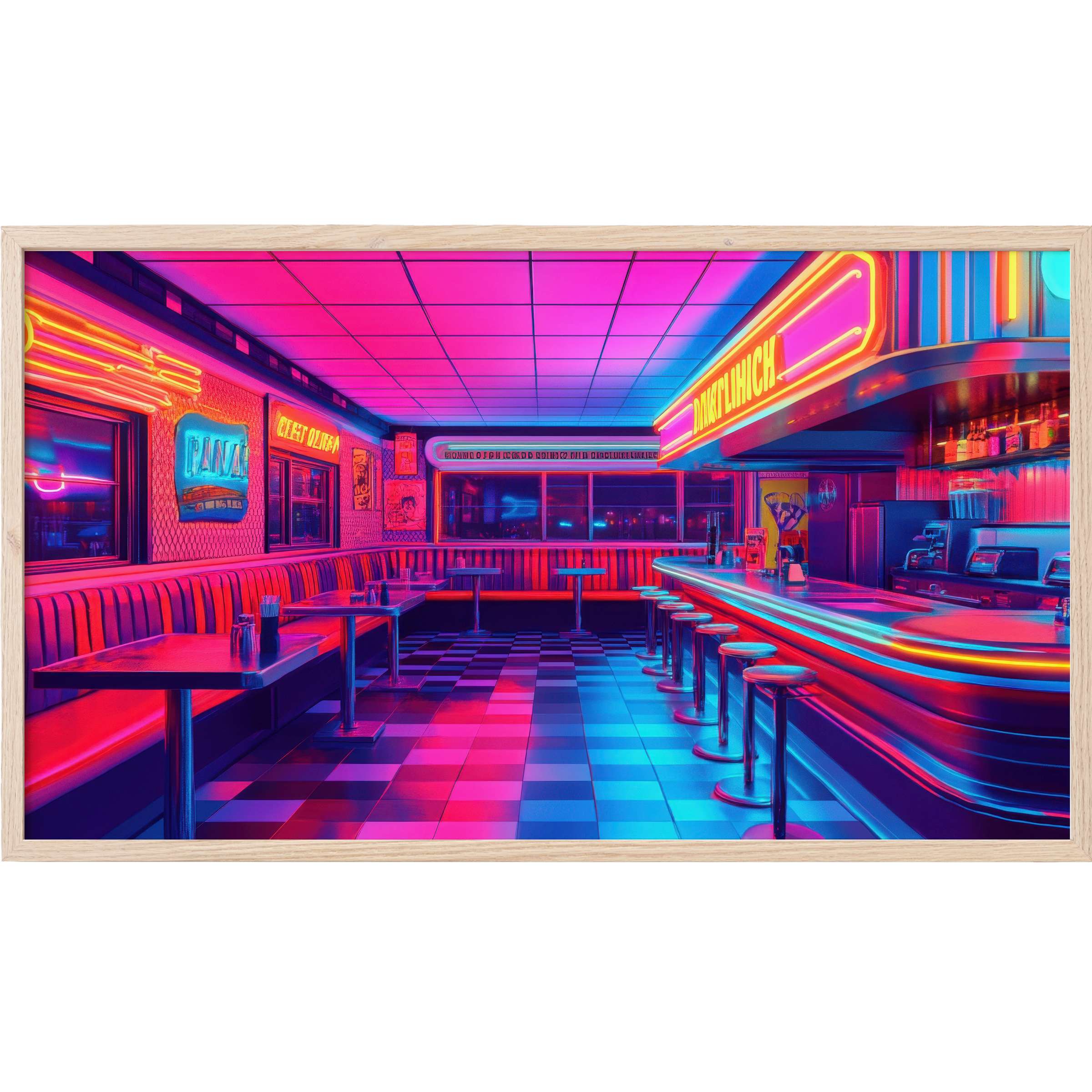 Vibrant neon-lit diner interior in pink and blue hues, sleek retro design, pop art Frame TV Art for stylish spaces