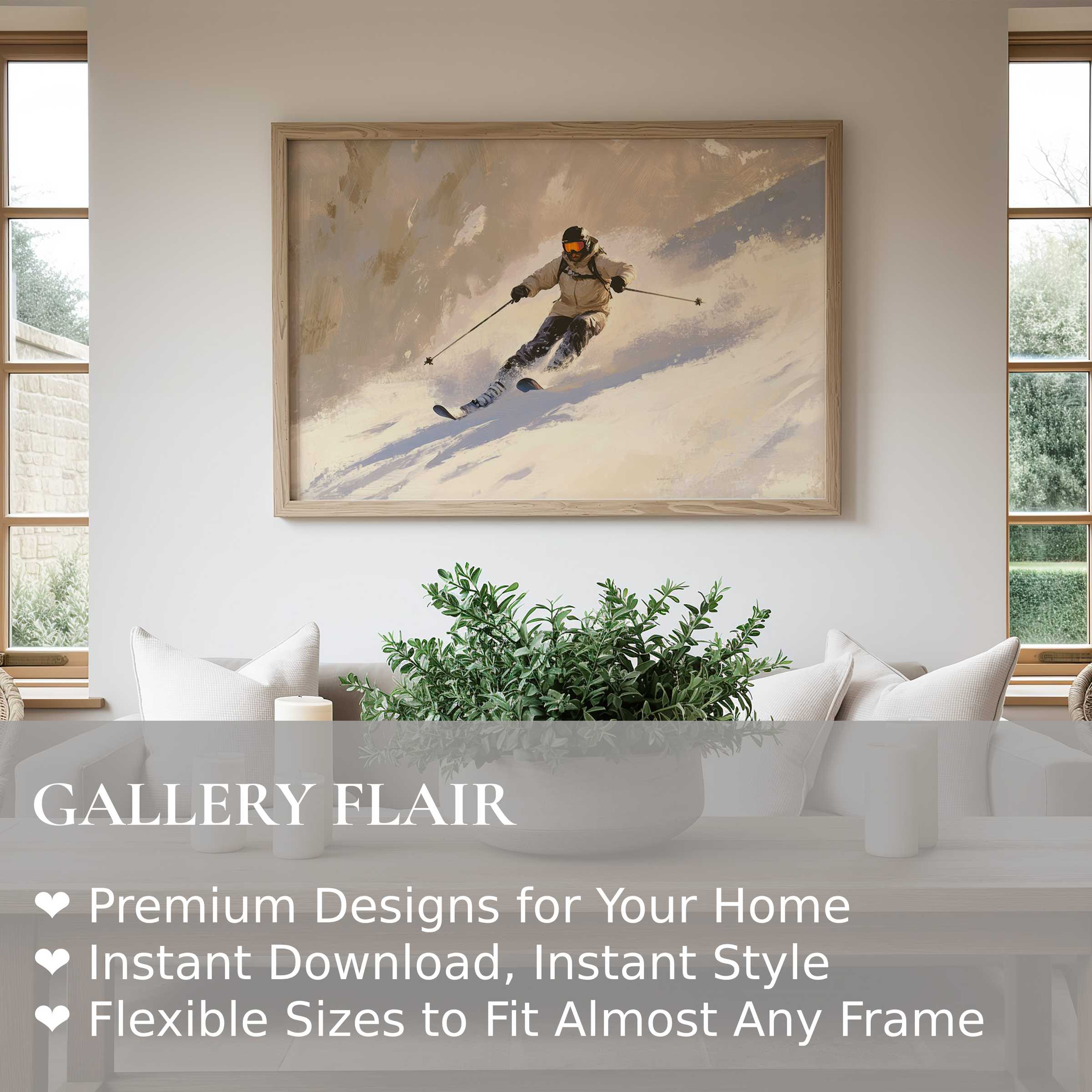 Dynamic winter wall art print of a skier in motion, radiating energy and grace in a warm, contemporary living space