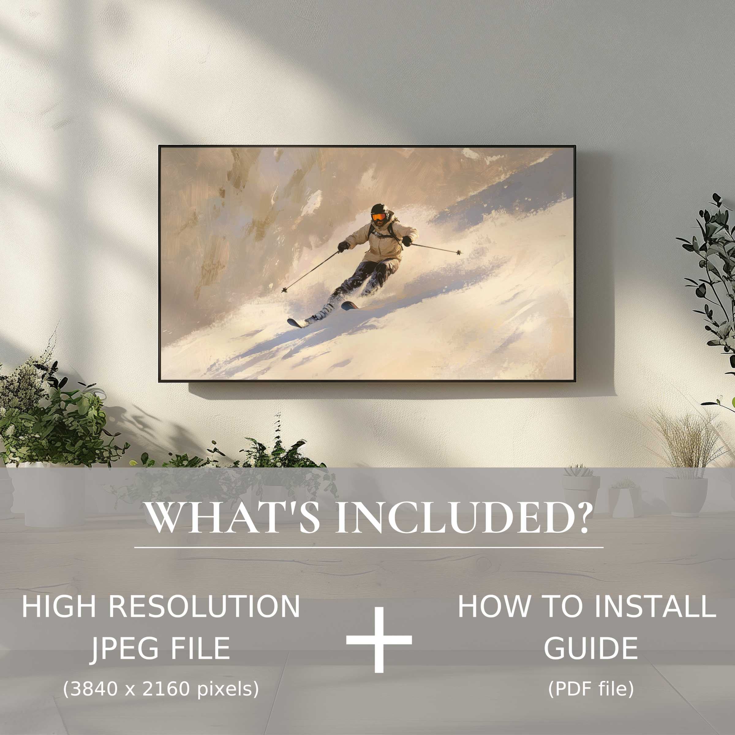 Winter digital TV art download featuring dynamic skiing scene, effortlessly elevating modern living spaces with style and ease