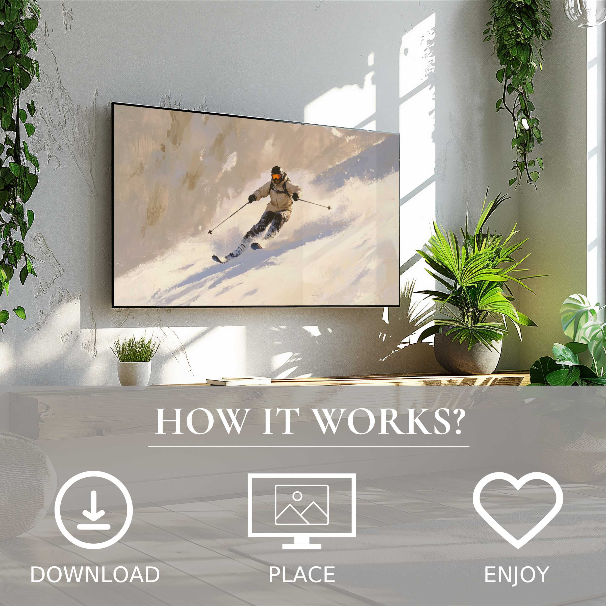 Winter art for Samsung TV shows dynamic skiing motif with soft snow tones, easy digital download enriches modern living spaces