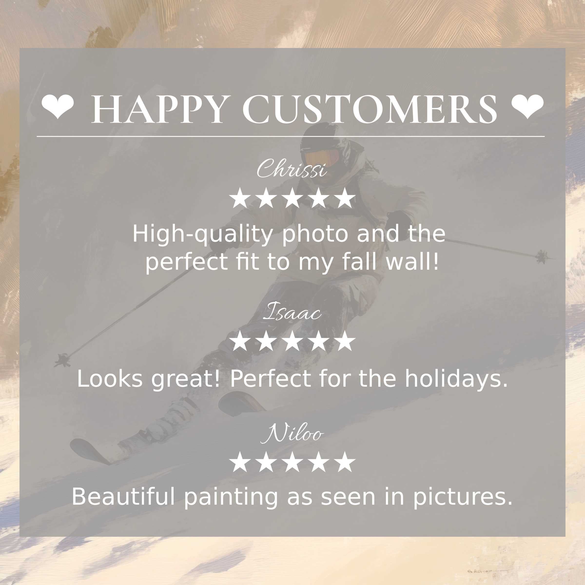 Winter art for Frame TV with abstract beige tones, featuring happy customer reviews and a trusted elegant layout