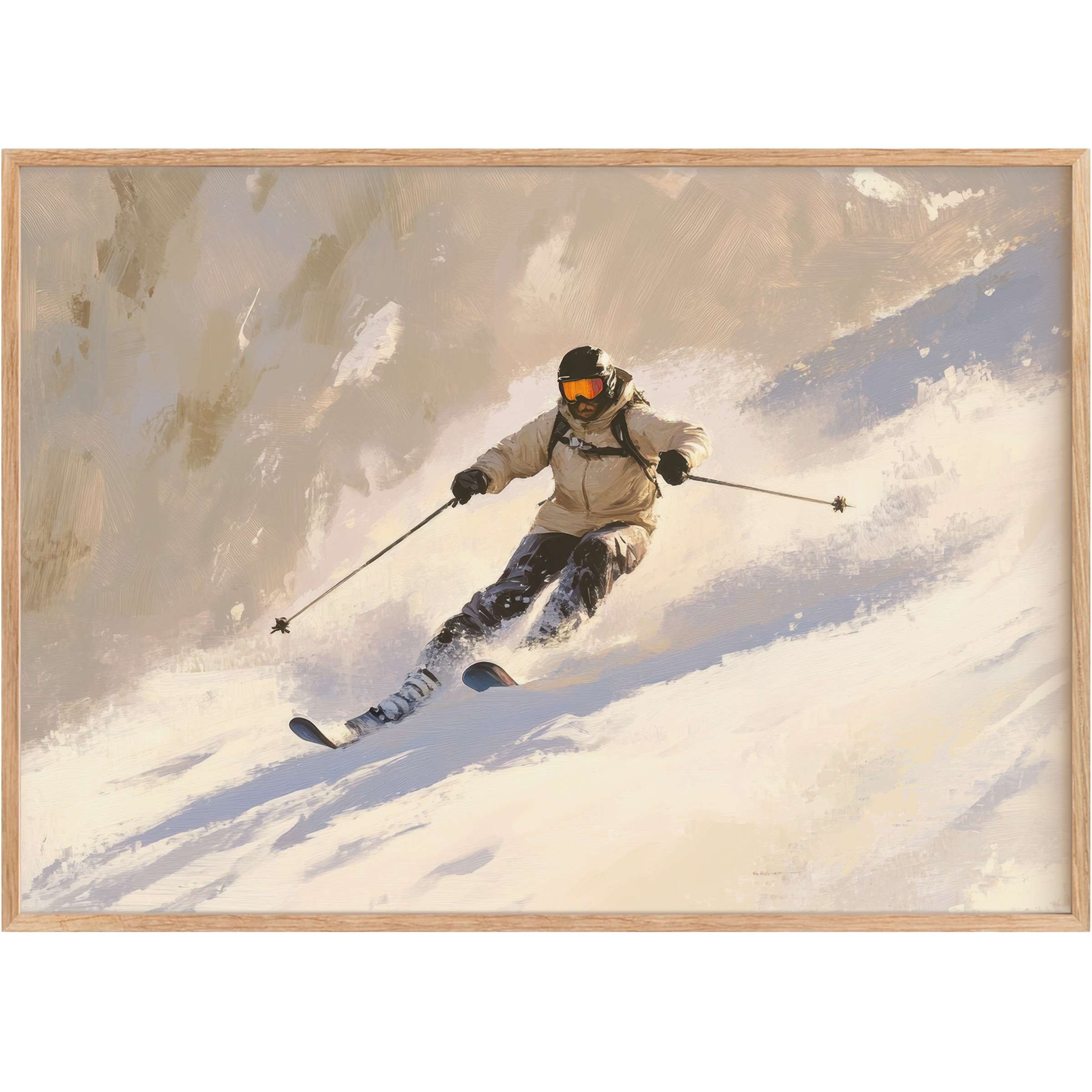 Dynamic winter printable wall art capturing high-energy skiing with warm neutrals and icy blues, evoking exhilaration and crisp elegance