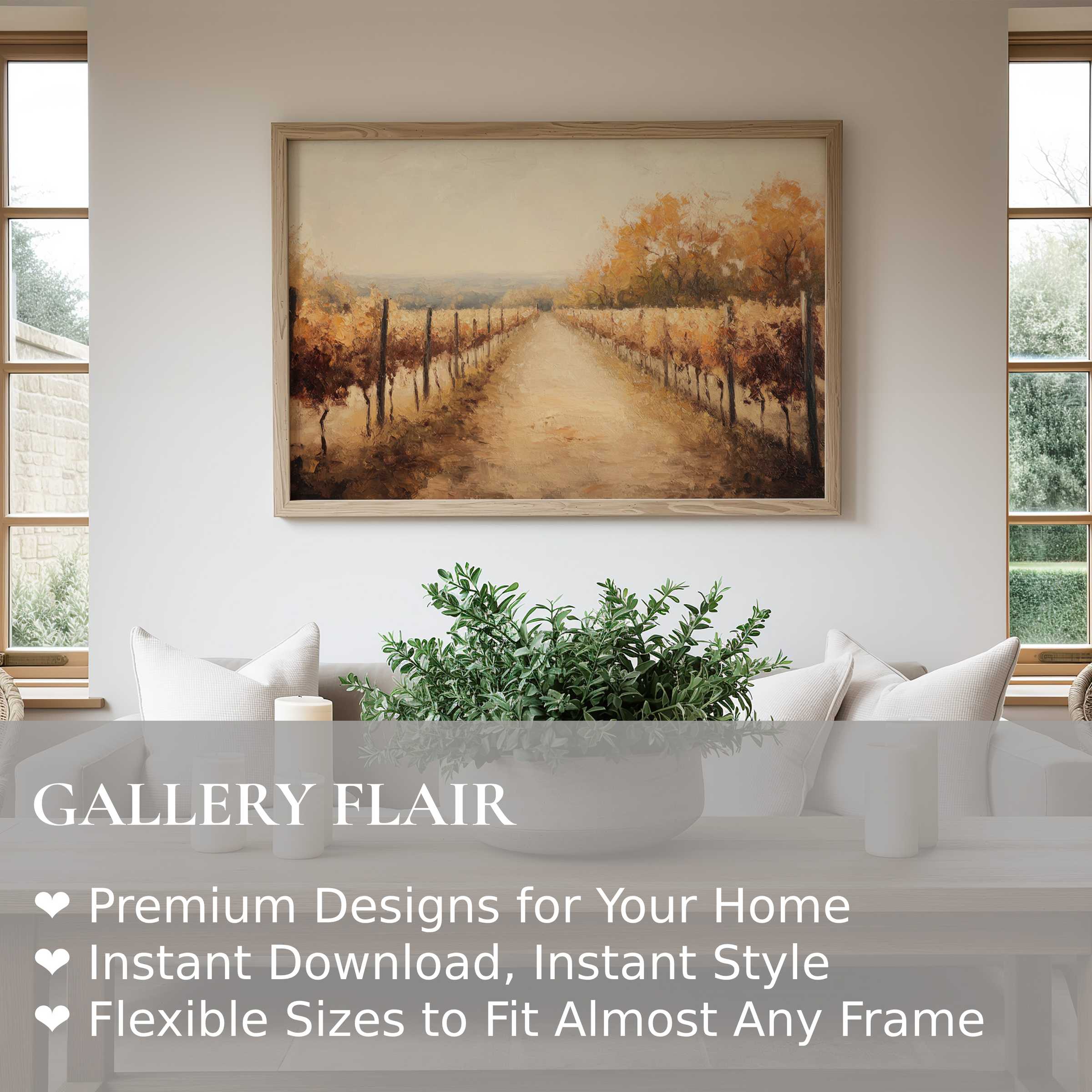 Serene fall wall art print capturing a radiant vineyard pathway in warm amber tones, enhancing modern minimalist interiors with cozy autumn charm