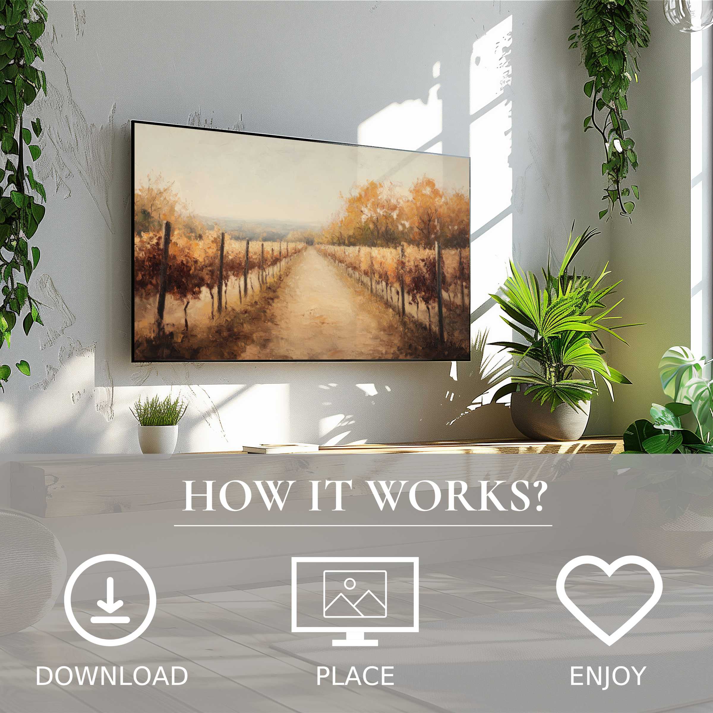 fall art for Samsung TV showing warm vineyard hues, easy digital download enriches modern living spaces with cozy charm