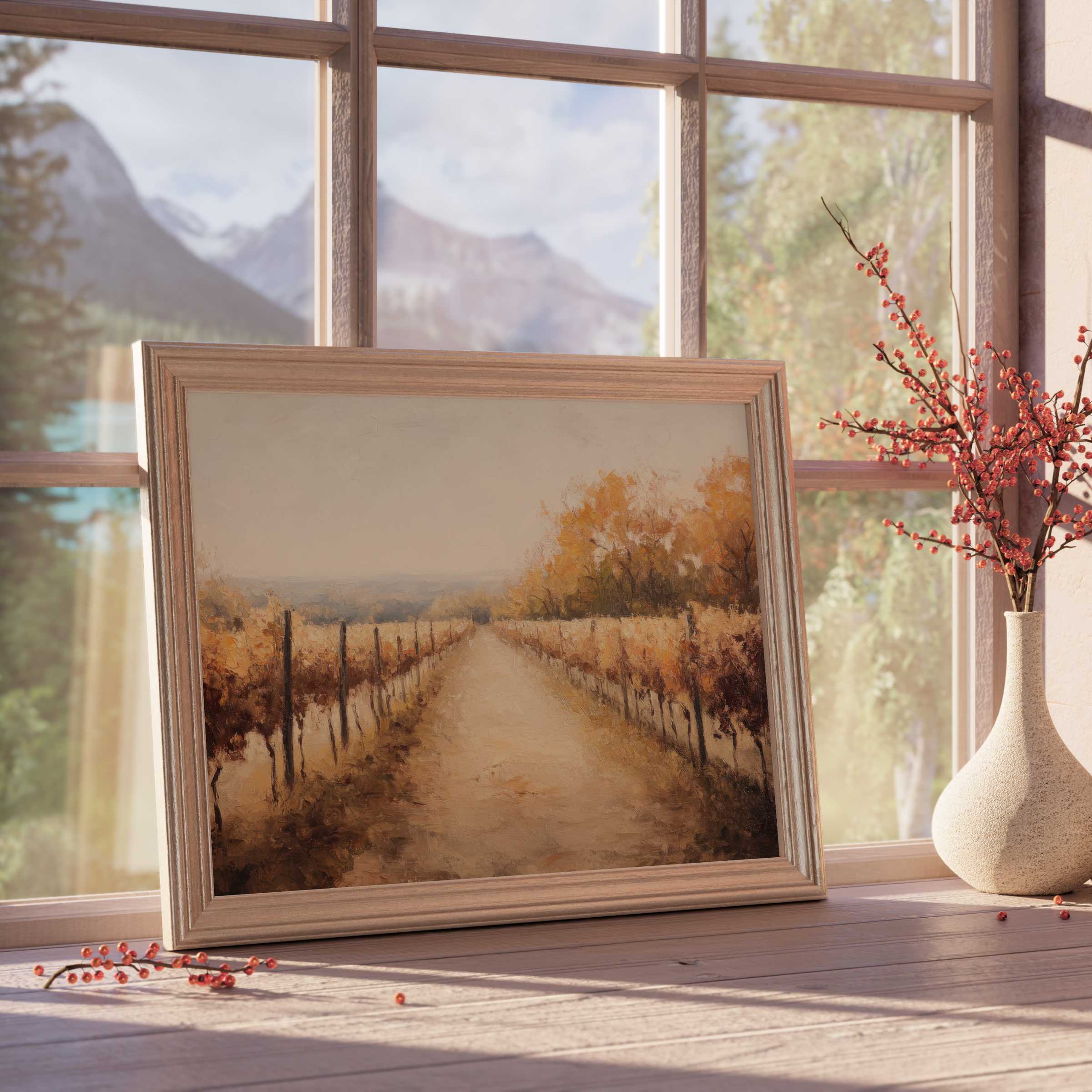 Fall downloadable art capturing a serene vineyard path in warm amber hues, perfect for curated, tranquil home interiors