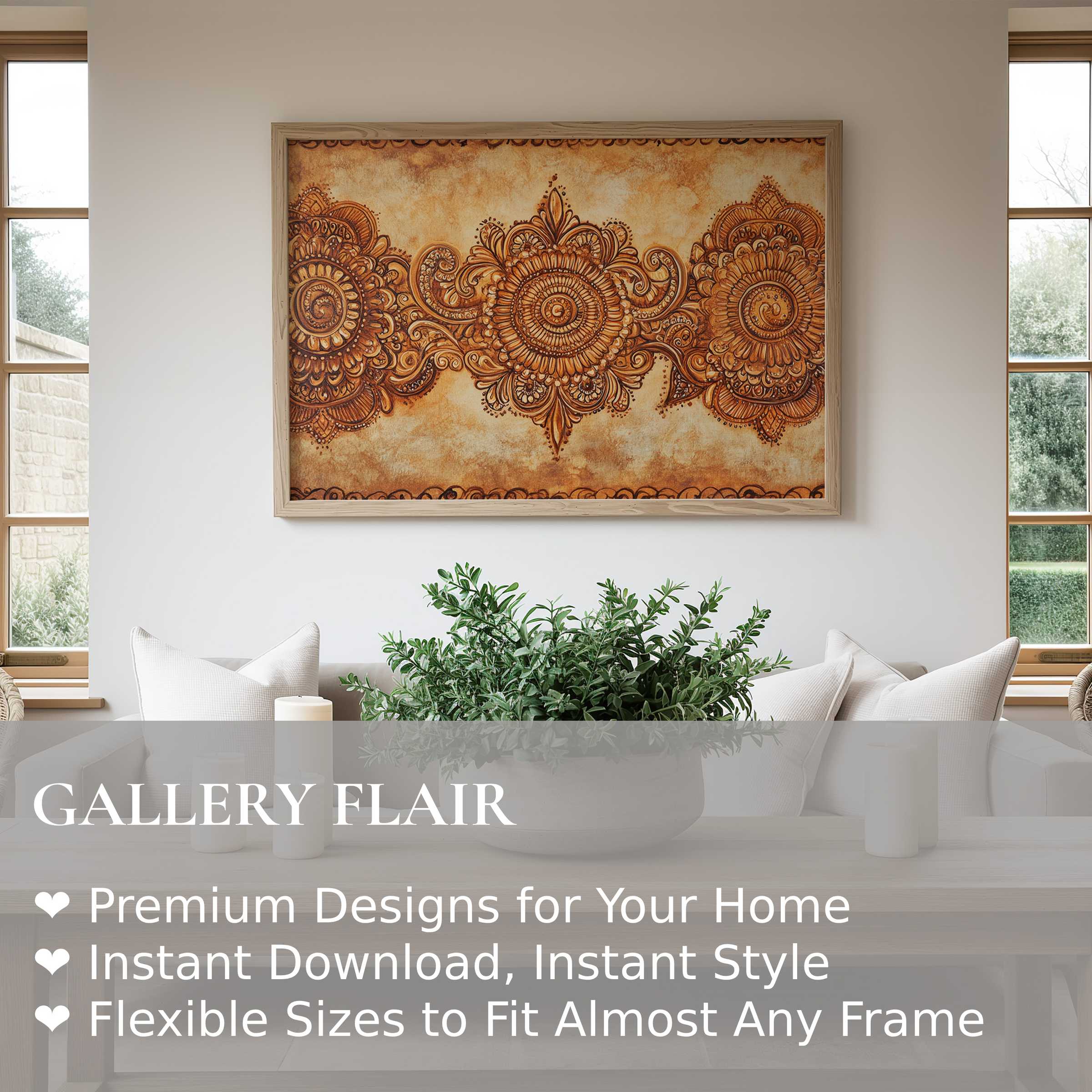 Boho wall art print featuring intricate mandala motifs in warm amber tones, enhancing minimalist, natural interiors with radiant, earthy elegance