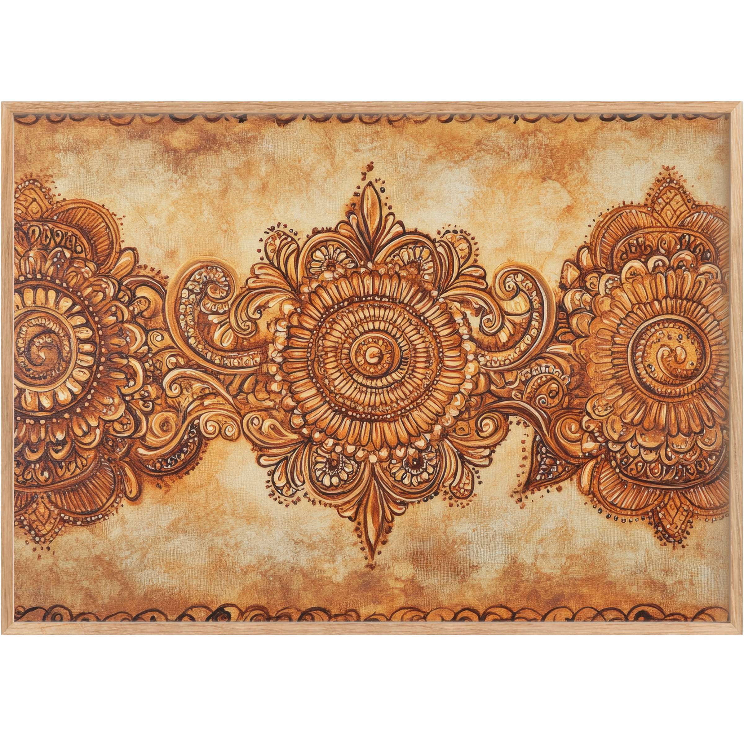 Warm, intricate boho printable wall art in rich amber and gold tones, radiating elegance and a cozy, inviting atmosphere
