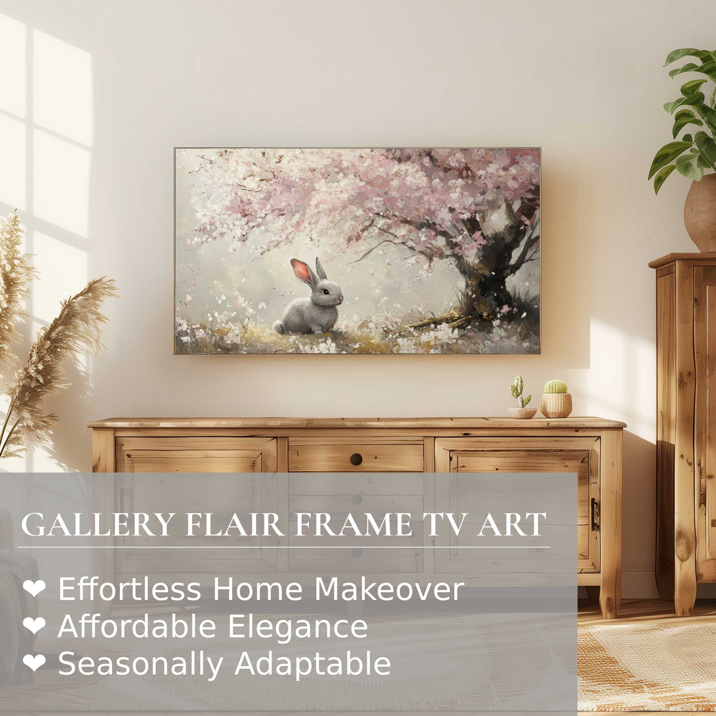 Samsung Frame TV displays elegant easter digital artwork with soft pastels in a modern, serene living space
