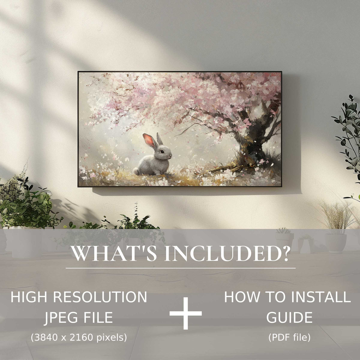 Elegant living room featuring an easter digital TV art download, effortlessly enhancing space with easy digital use