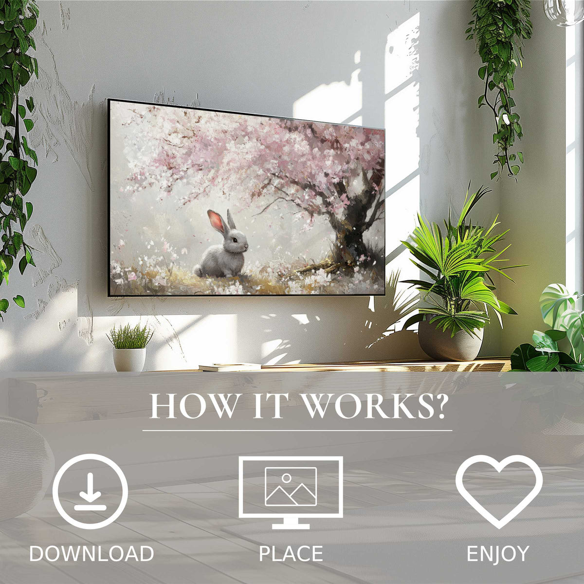 Elegant easter art for Samsung TV with soft pink blooms and a gentle bunny, easy digital download for chic decor