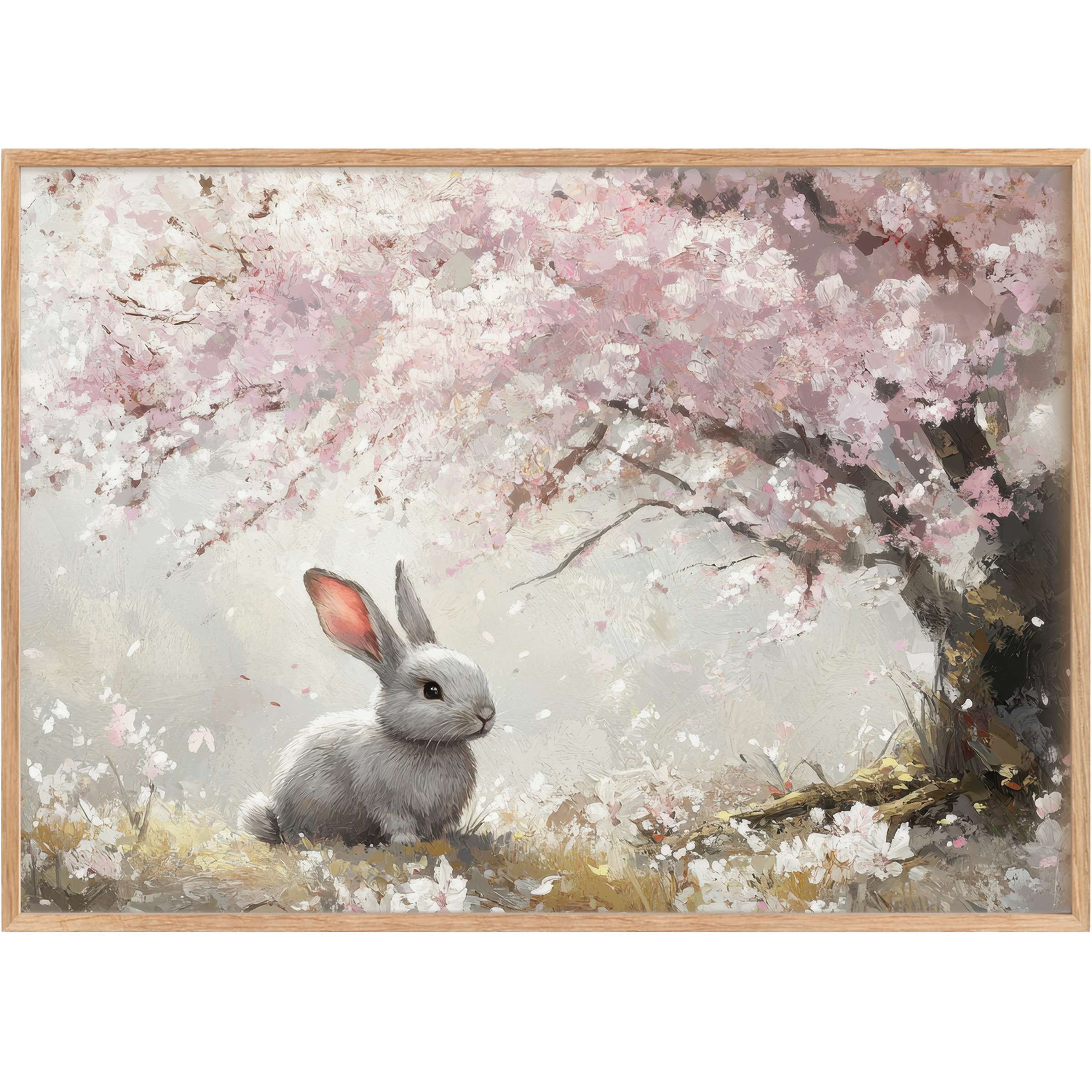 Gentle Easter printable wall art featuring a serene rabbit beneath soft pink blossoms, evoking tranquility and springtime grace