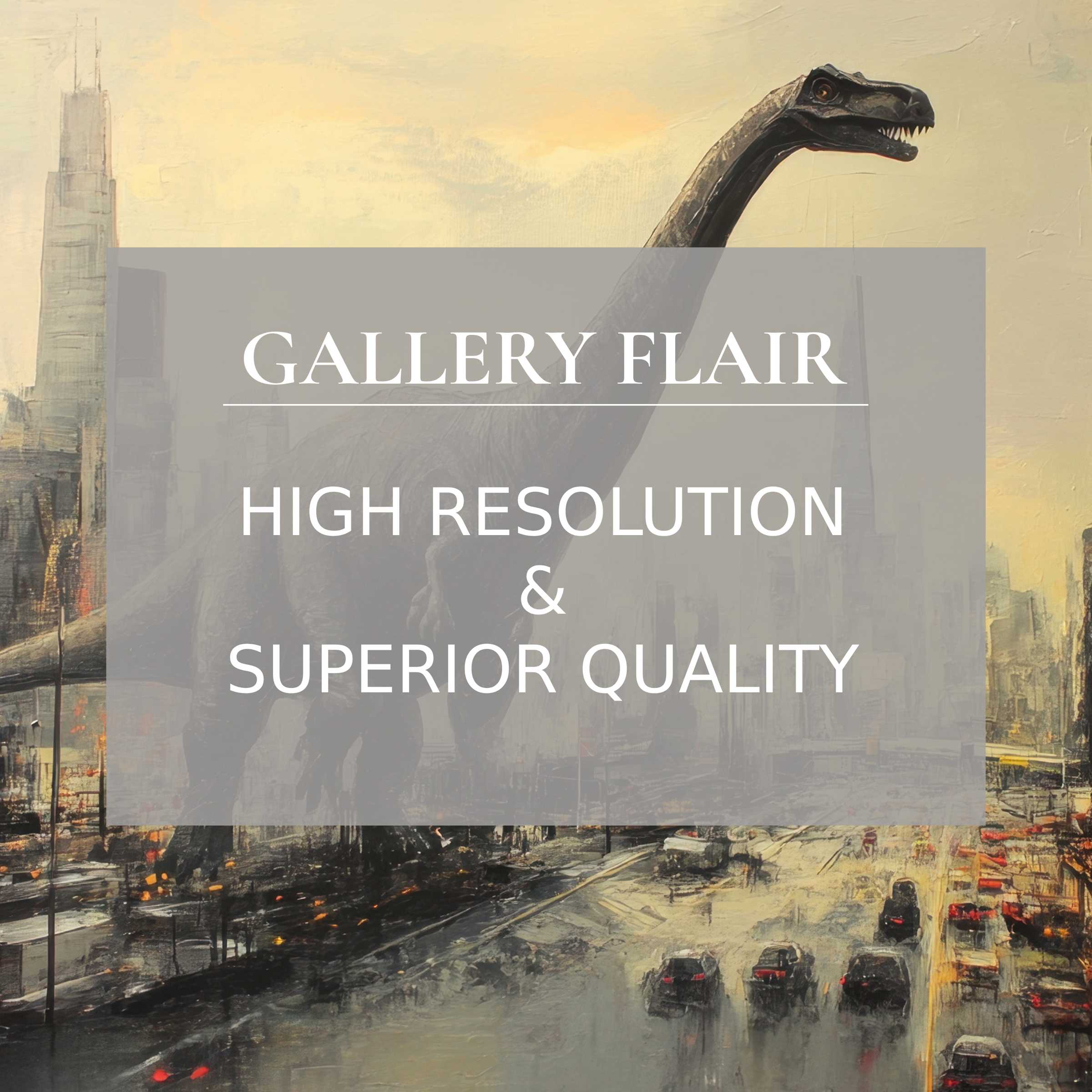 Elegant, high-res street art Frame TV picture blending urban landscape with detailed dinosaur in refined, clear visual narrative