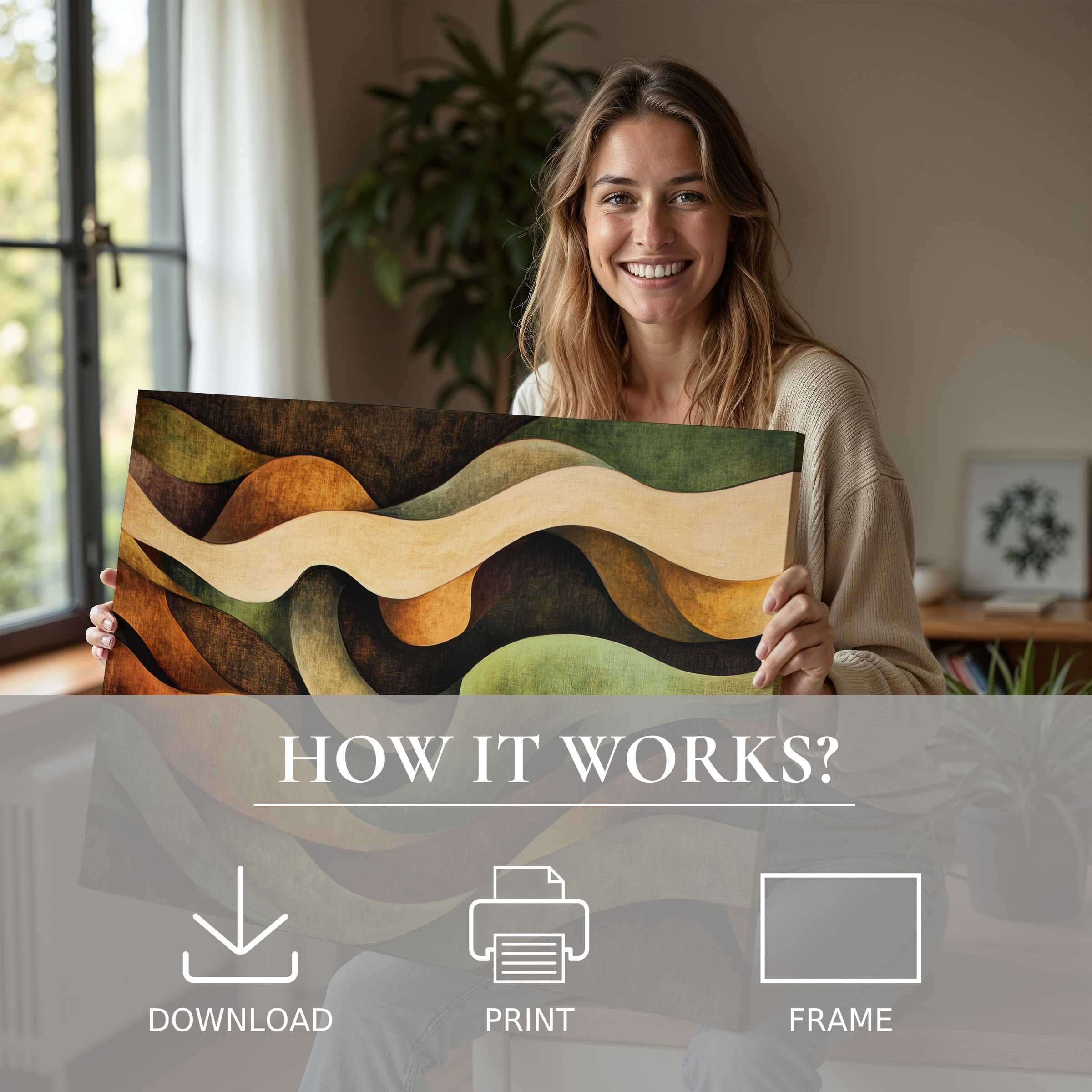 Radiant joy in a modern home with an abstract digital art print blending earthy curves, celebrating art’s warm connection