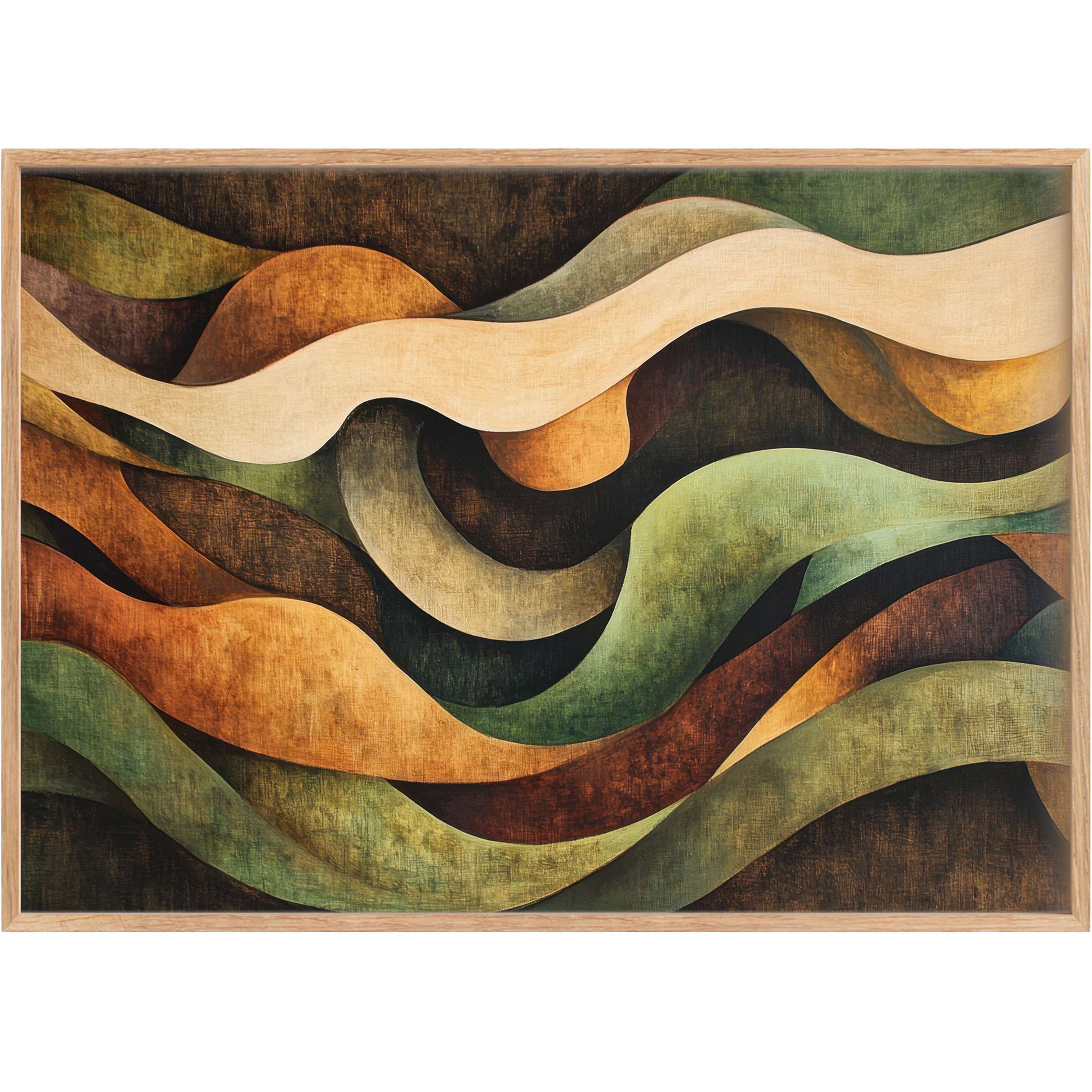 Earth-toned abstract printable wall art with flowing curves in warm amber and muted green, creating a serene, grounded ambiance