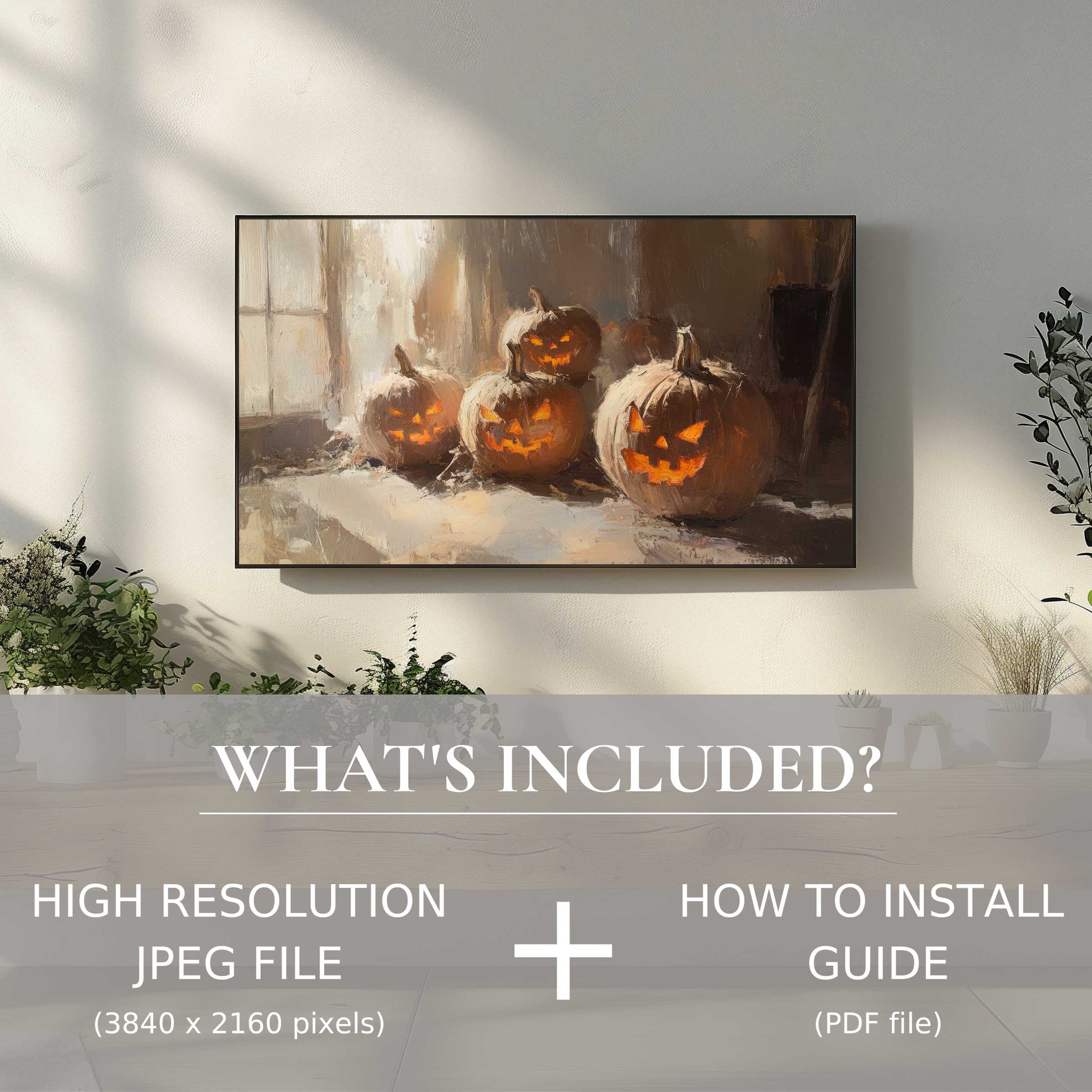 Elegant Halloween digital TV art download featuring glowing pumpkins, enhancing modern living spaces with easy digital use