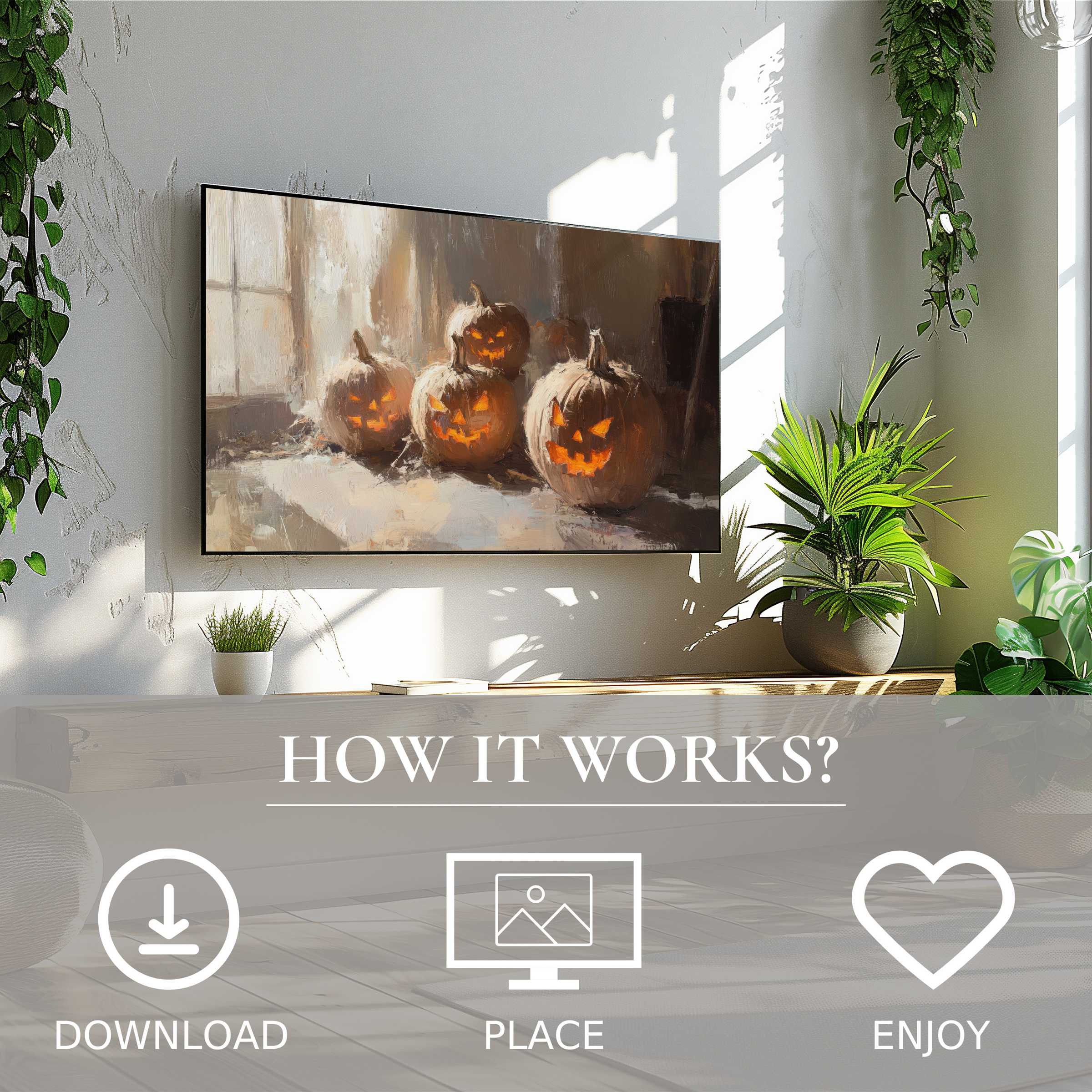 Minimalist living room with halloween art for Samsung TV showing warm glowing pumpkins, easy digital download enriches space