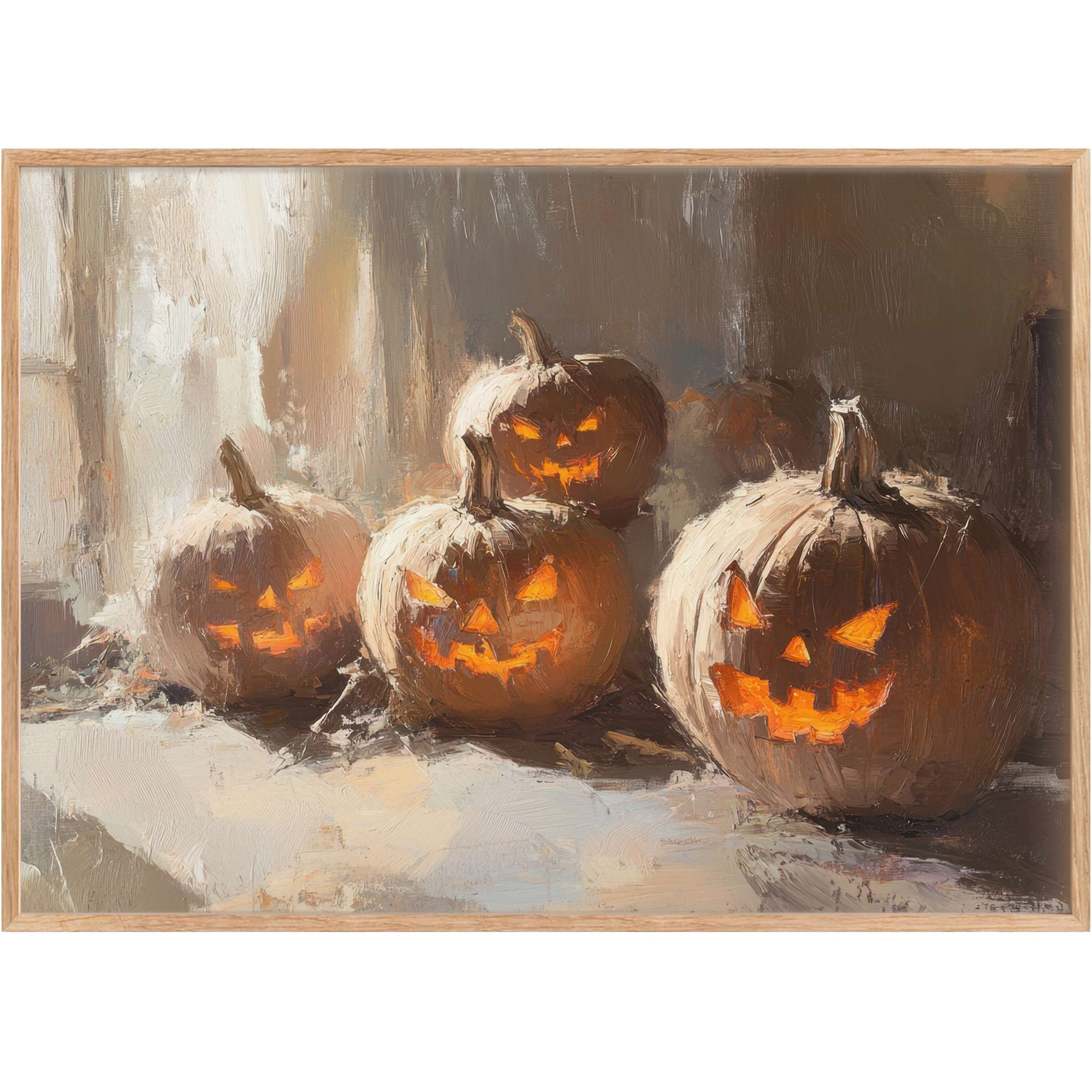 Halloween printable wall art featuring glowing jack-o'-lanterns, evoking a warm, moody ambiance with rich amber and soft earthy tones