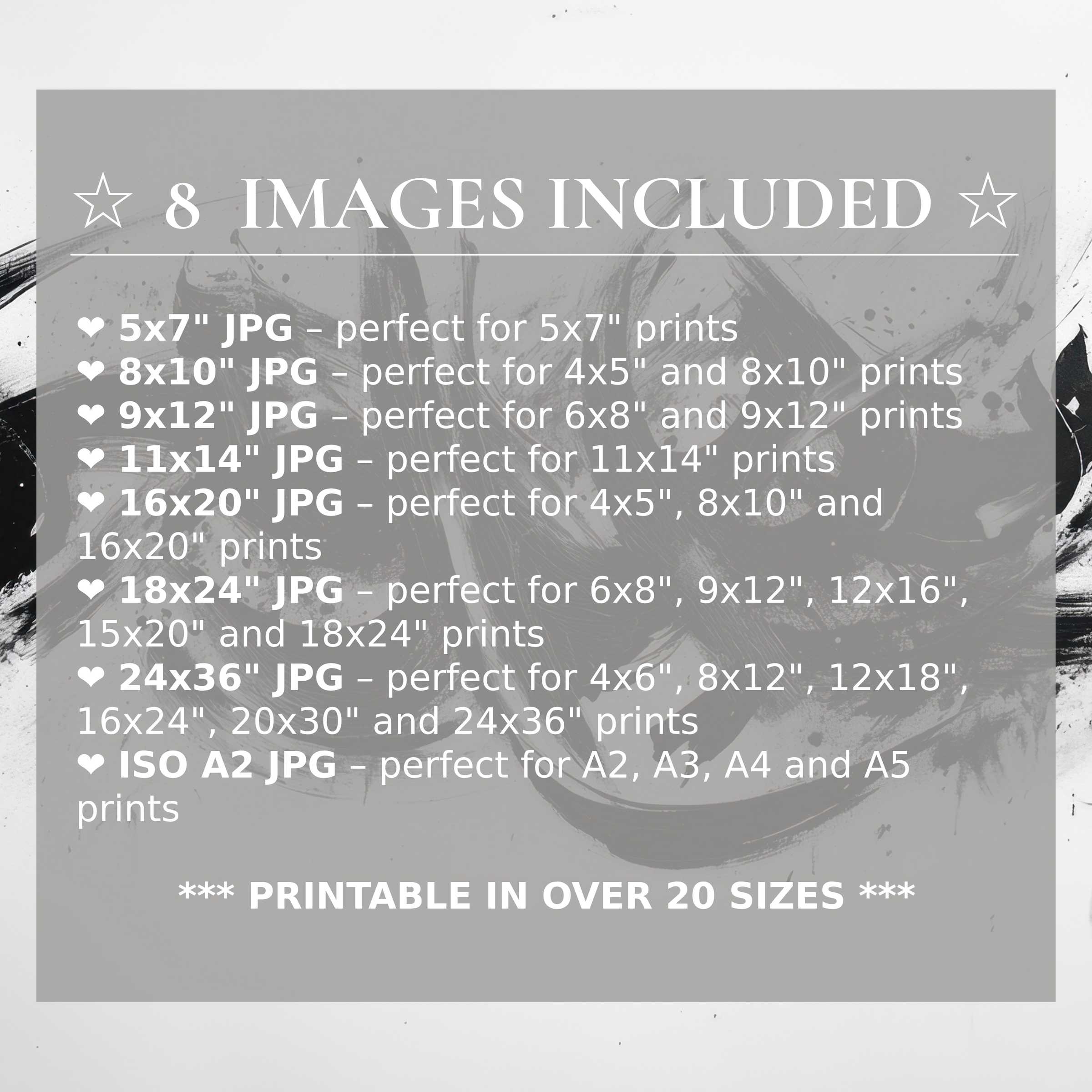 Bold and radiant black and white digital print enhancing modern interiors with elegance, offered in 8 high-quality sizes included