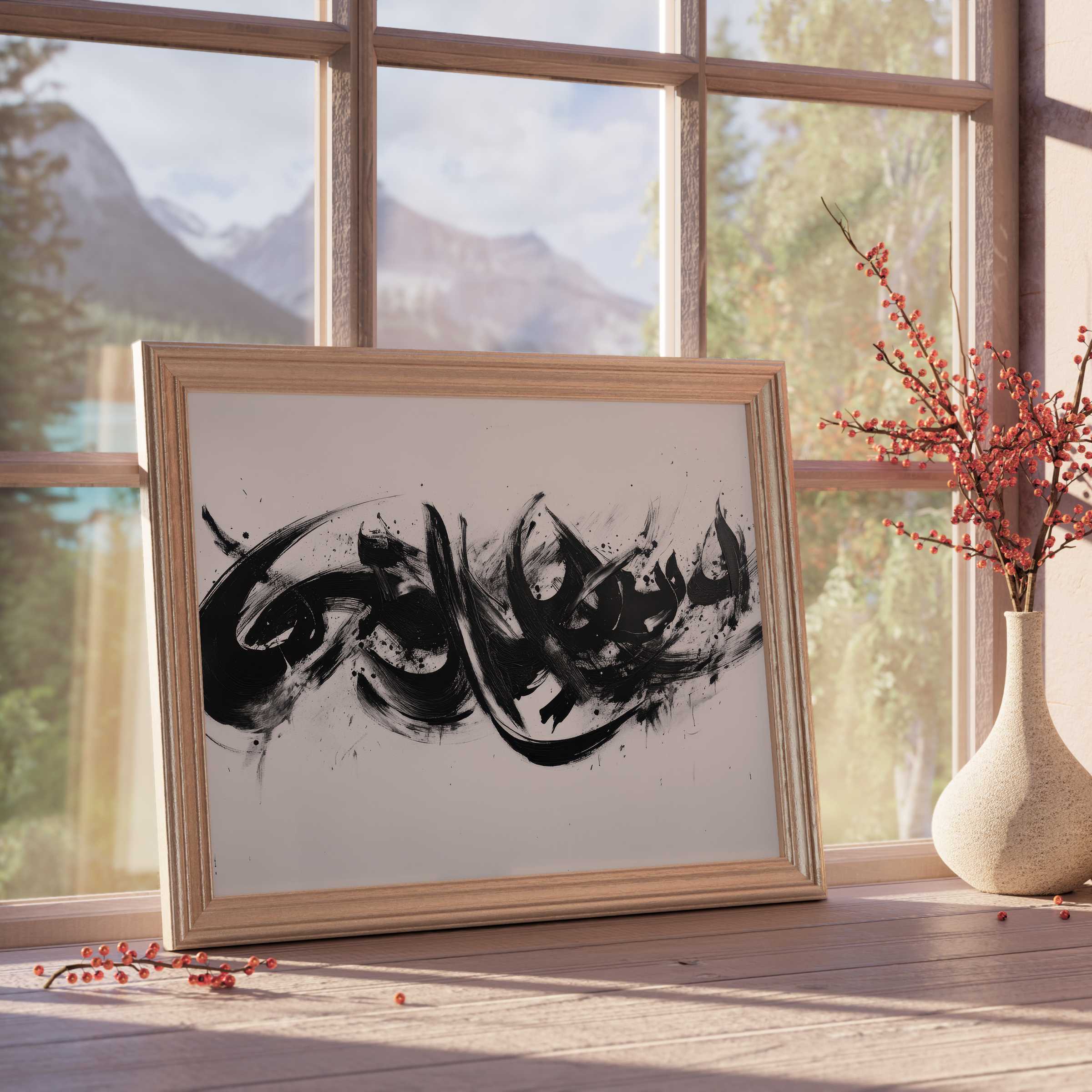 Black and white downloadable art featuring dynamic calligraphy strokes, perfect for elevating serene, curated modern interiors