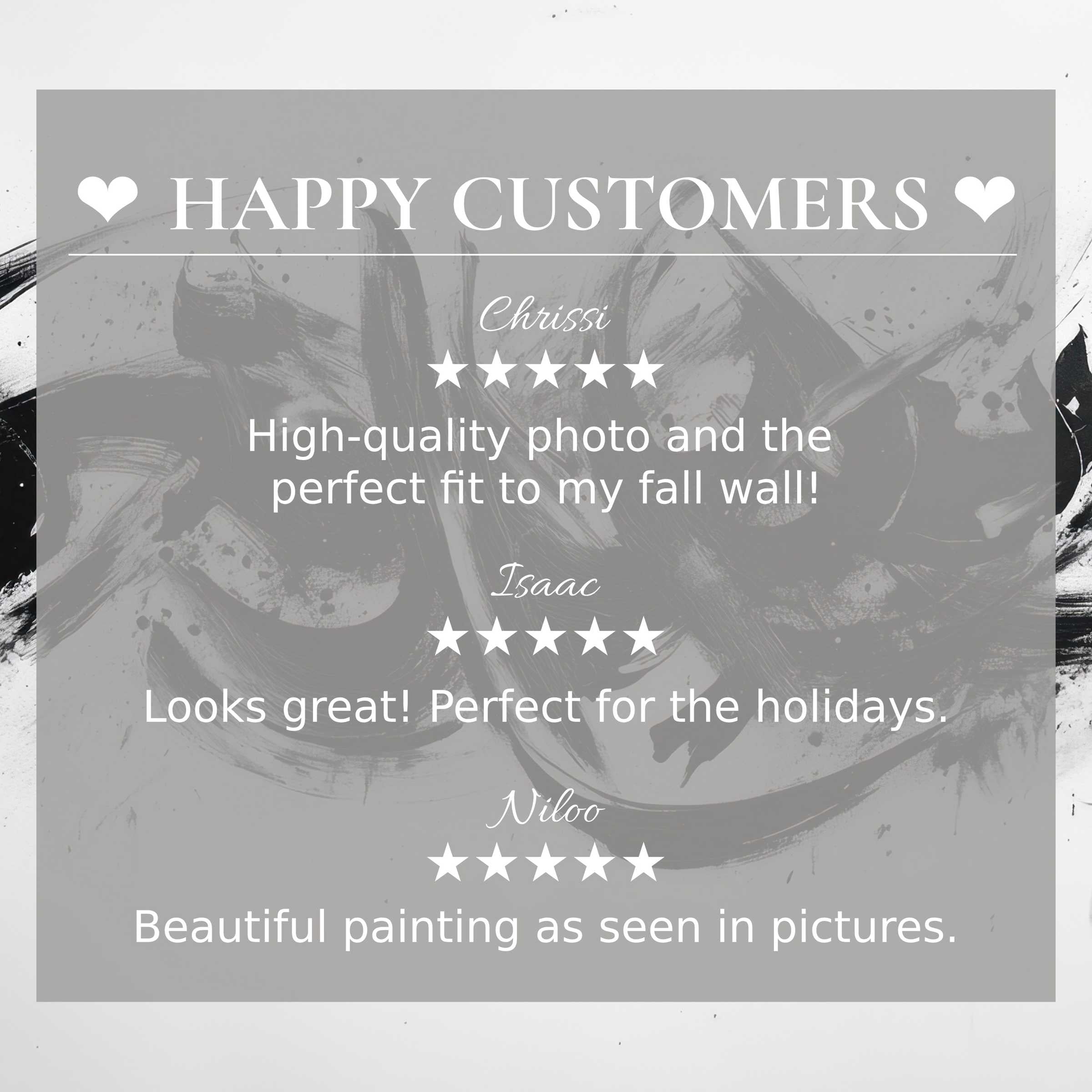 Black and white art for Frame TV with abstract brushstrokes, showcasing happy customer reviews and refined style