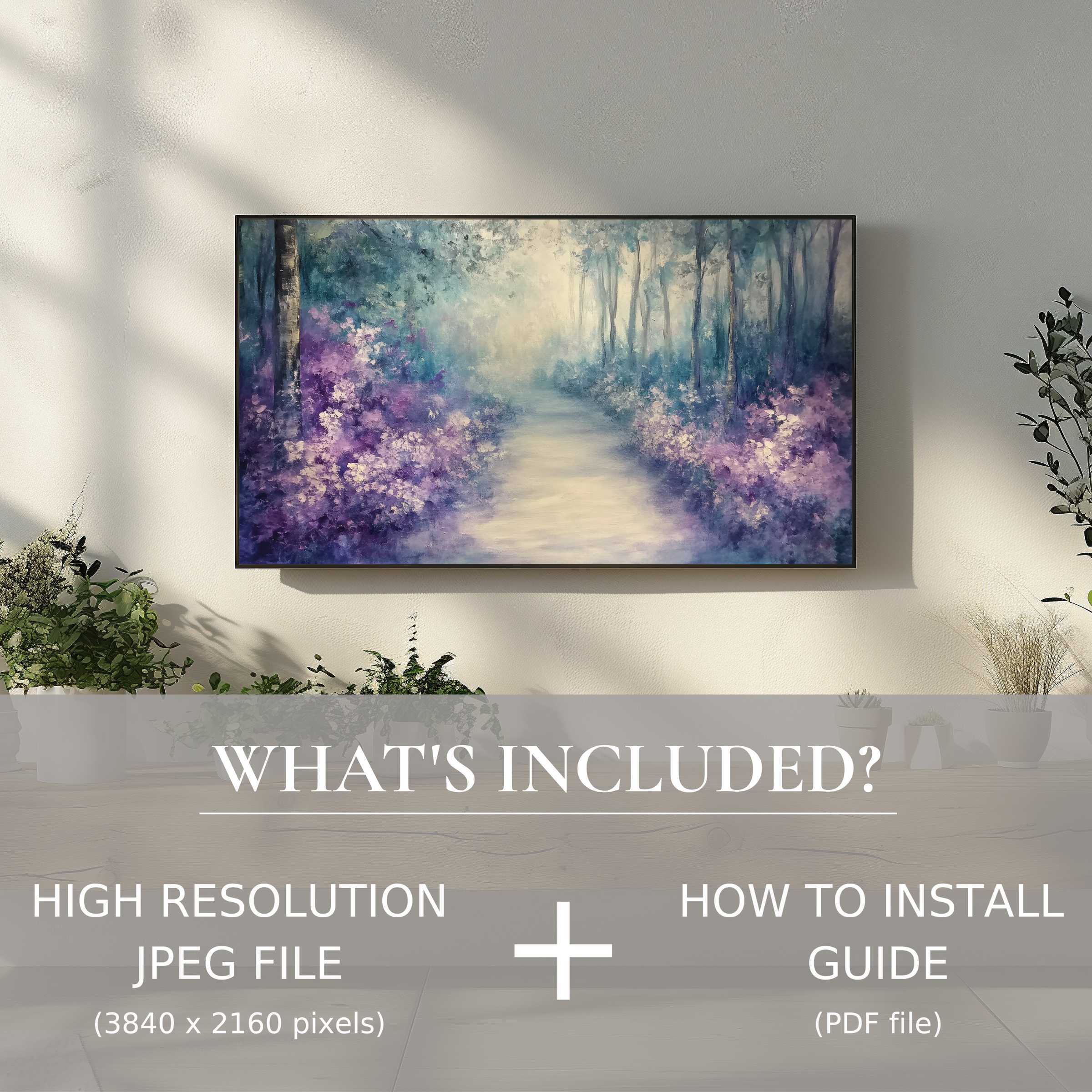 Elegant tree digital TV art download enhances your space with ease in this serene, modern living room setting