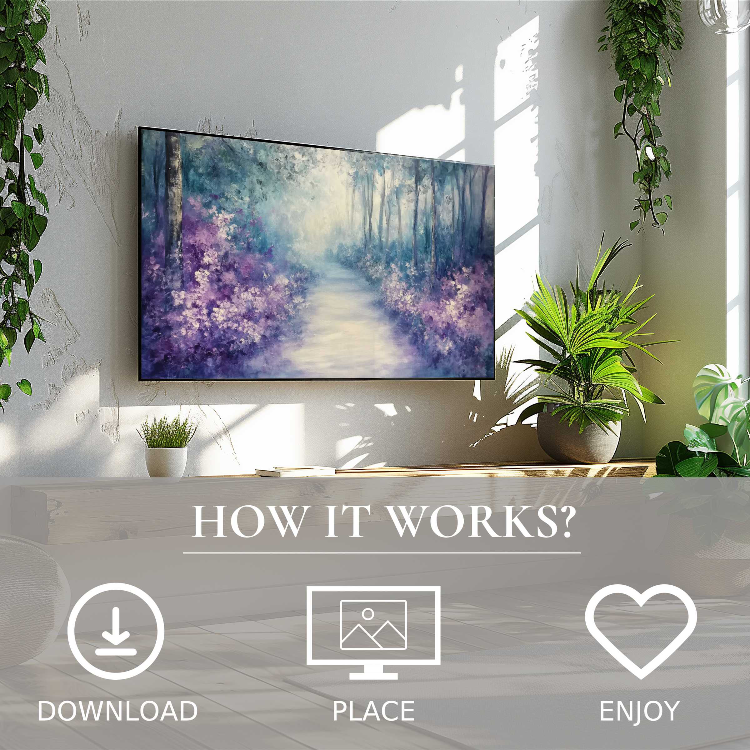 Tree art for Samsung TV showing soft purple and blue forest scene; easy digital download enriches modern living spaces