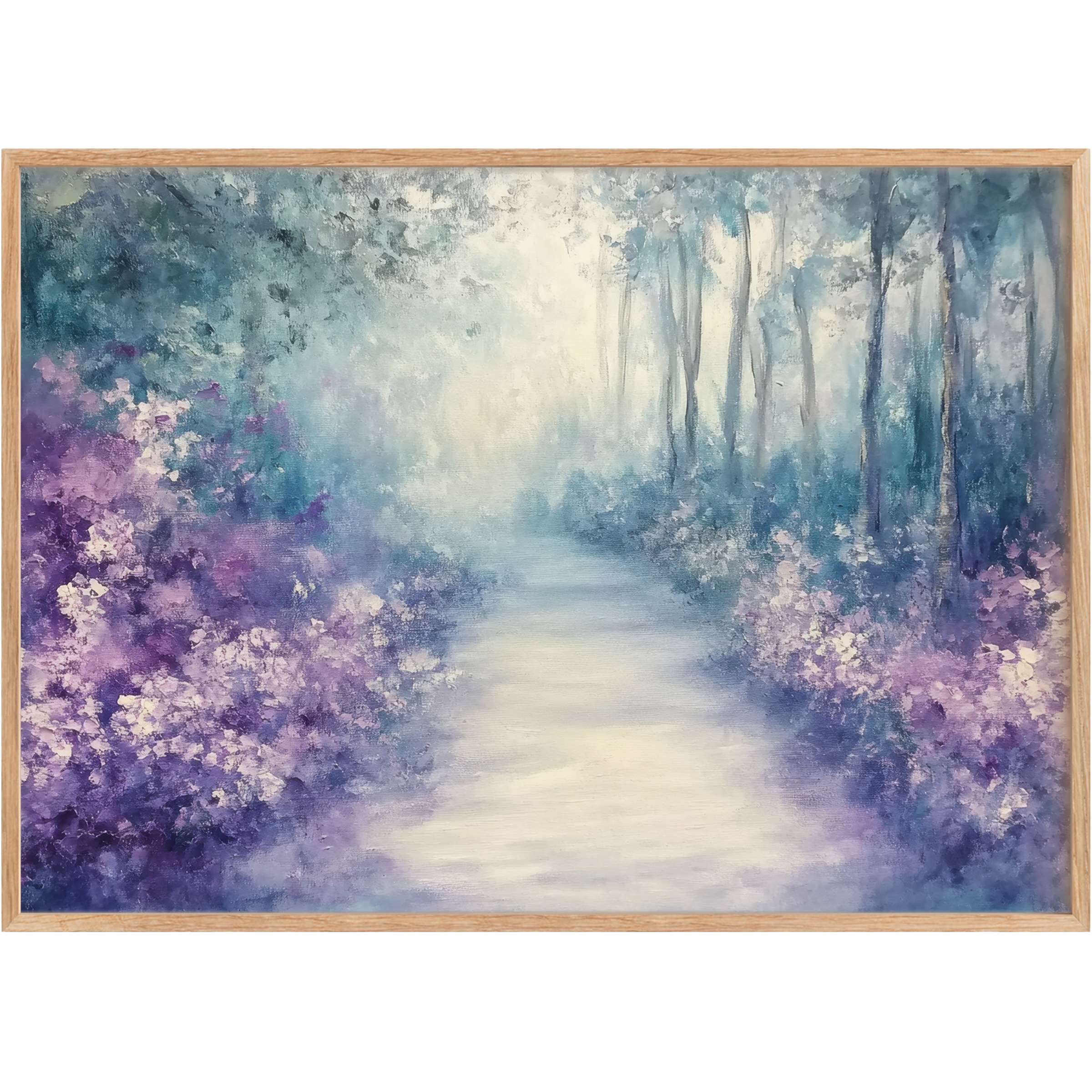 Ethereal tree printable wall art in misty blues and lavender hues creates a serene, dreamlike escape for elegant interiors