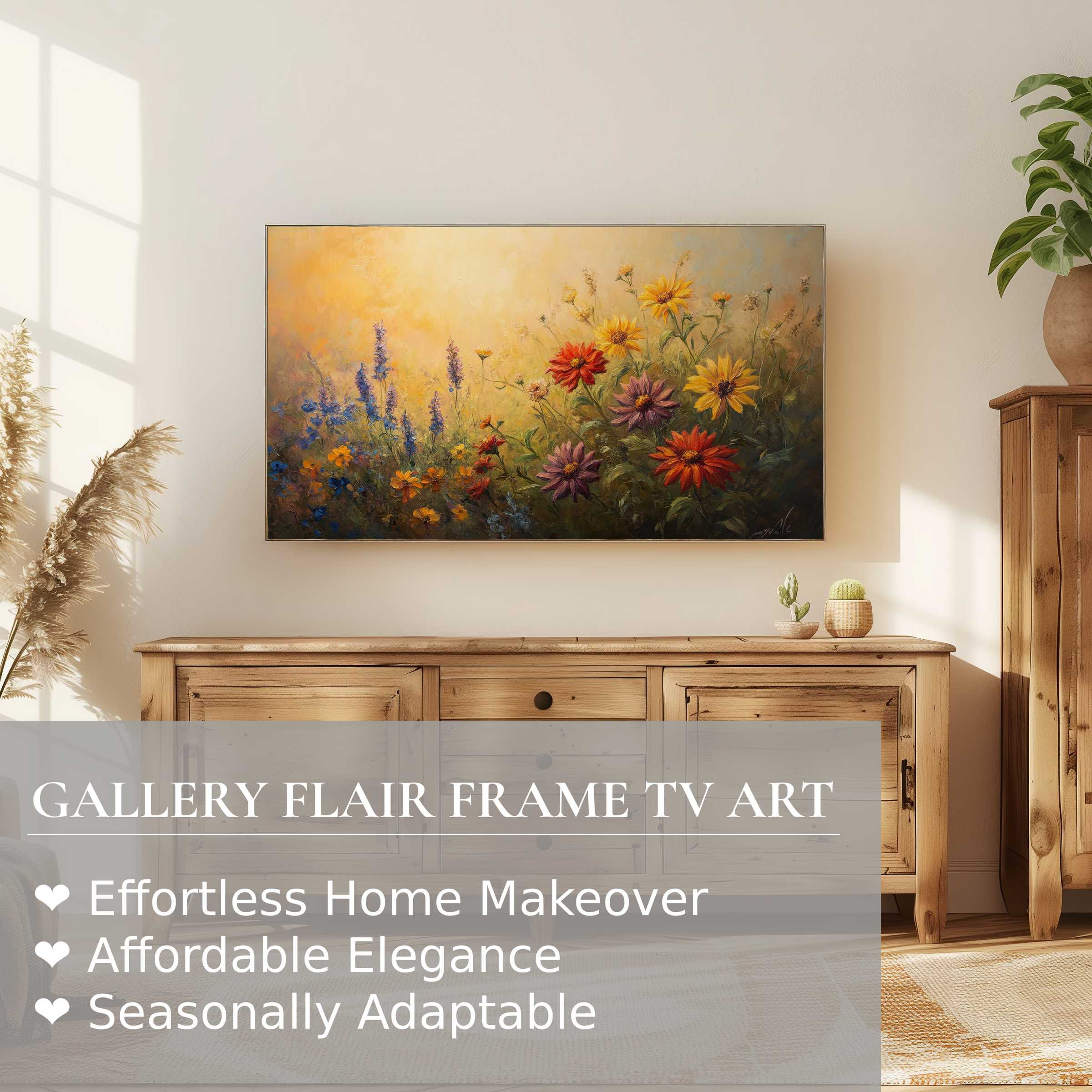 Samsung Frame TV displaying warm floral digital artwork, enhancing a modern, sunlit natural wood interior