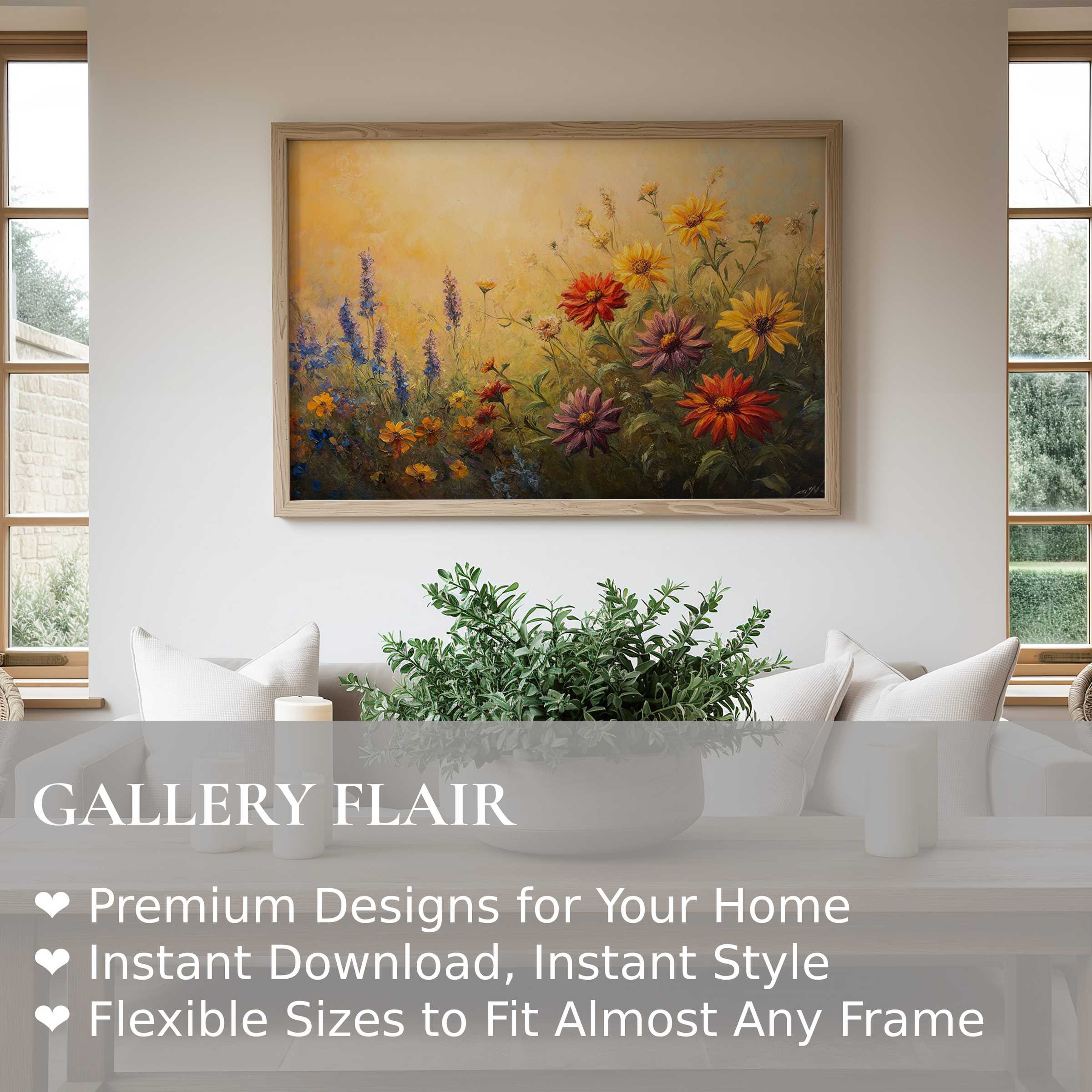 Radiant floral wall art print featuring vibrant sunflowers and wildflowers, enhancing a serene, modern living space with warm elegance