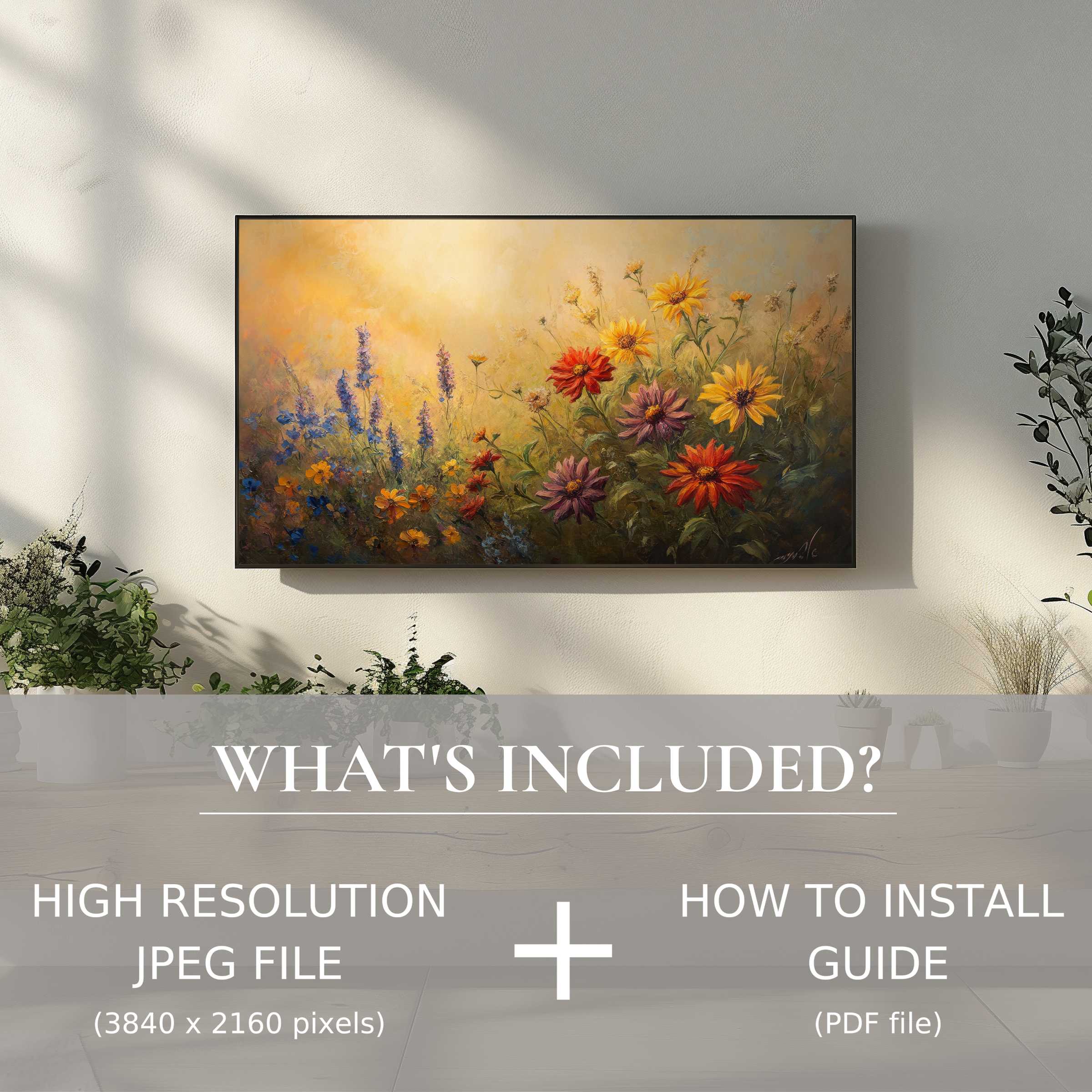 Elegant living room with floral digital TV art download, easy to install, enriching your home with vibrant blooms