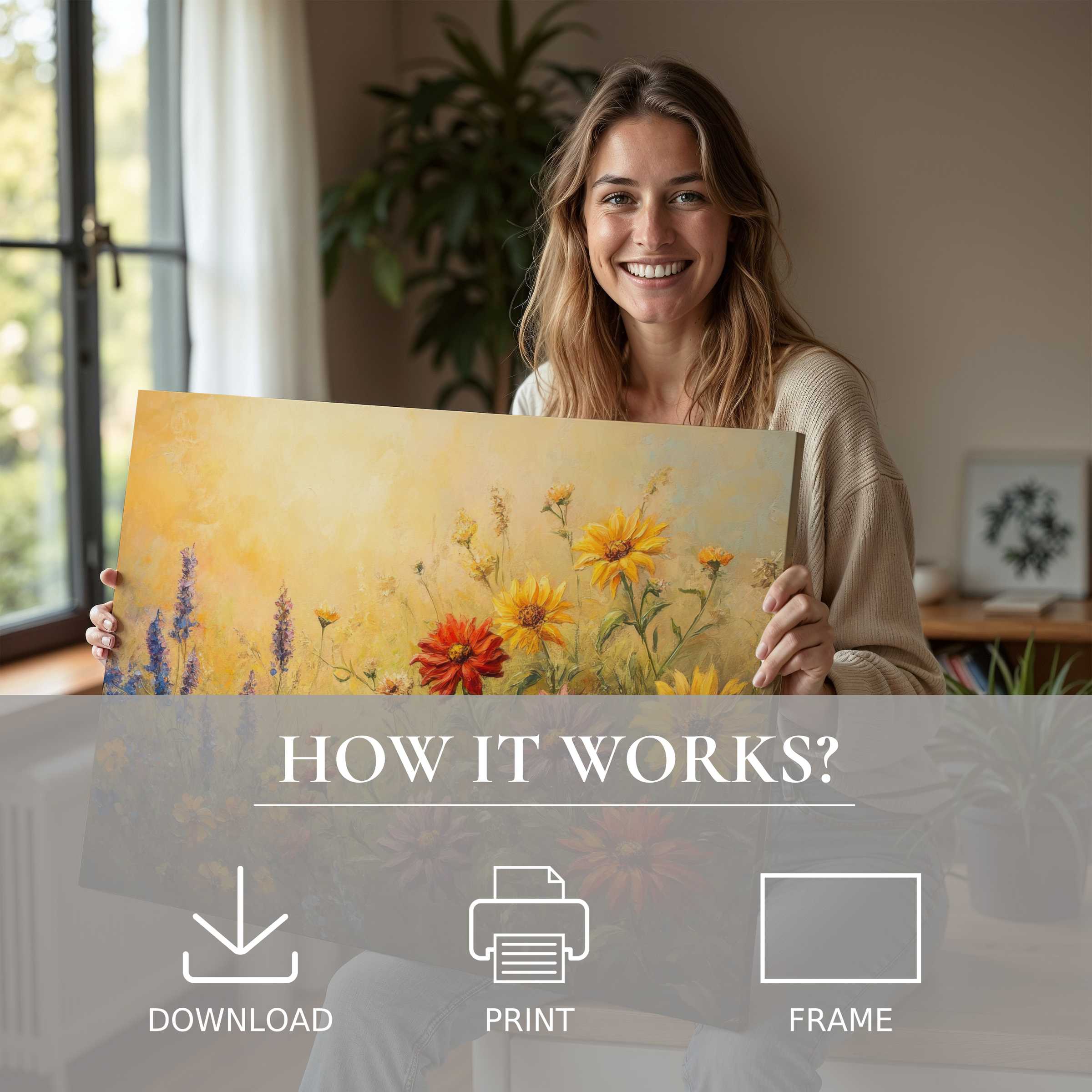 Woman in a sunlit modern home radiates joy, embracing a floral digital art print that transforms space with warmth and ease