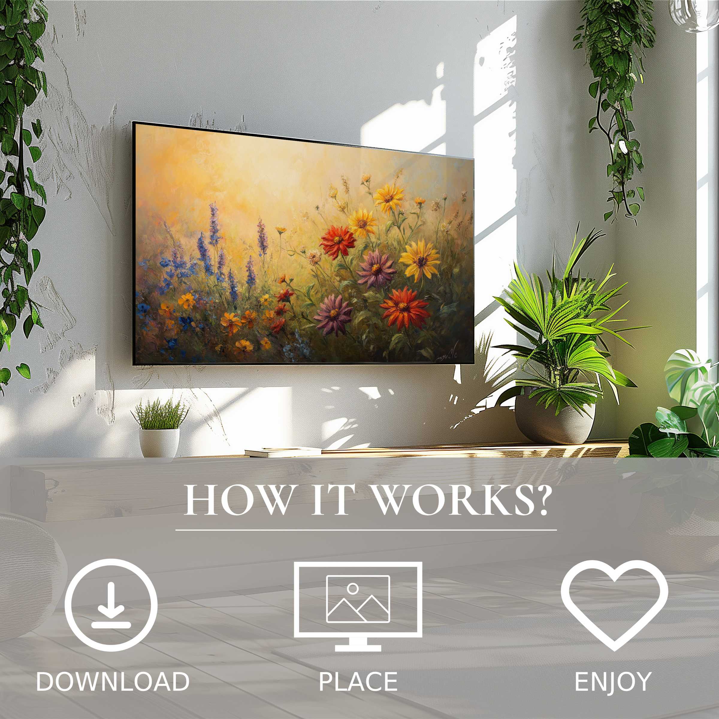 Elegant floral art for Samsung TV with warm sunset tones, easy digital download enriches modern living spaces