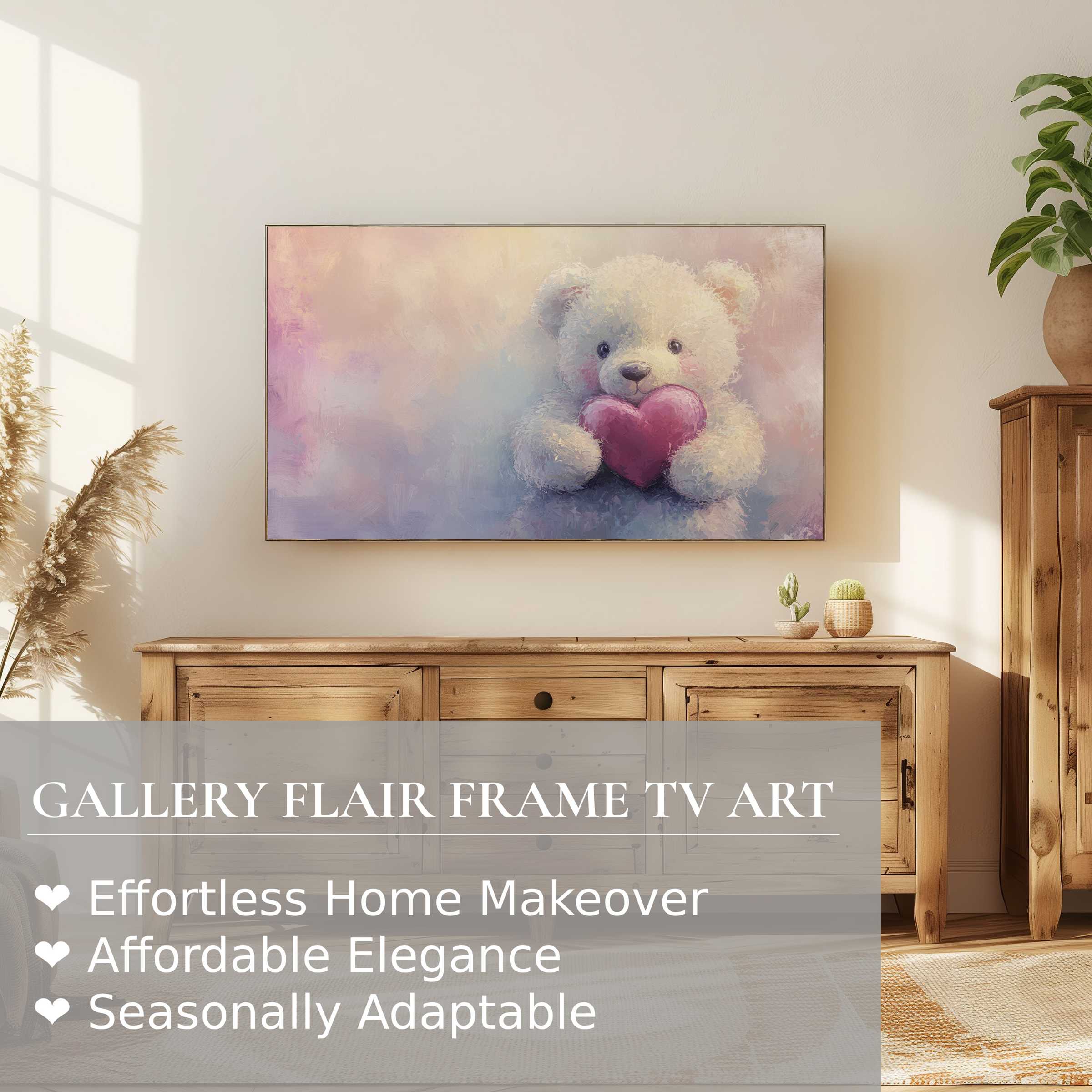 Soft pastel nursery digital artwork of teddy with heart on Samsung Frame TV in elegant, modern home setting