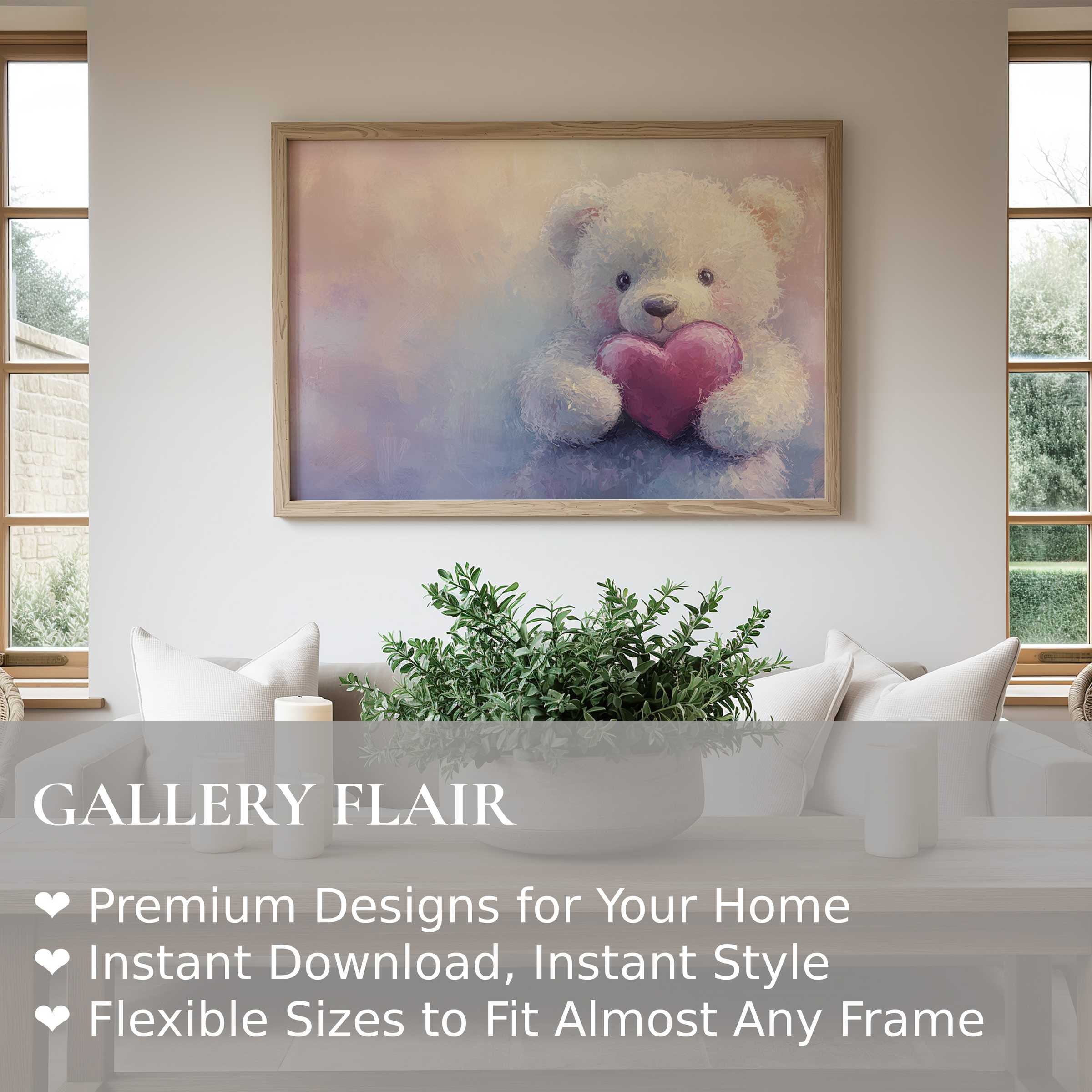 Soft and radiant nursery wall art print featuring a charming teddy bear with a heart, enhancing serene, modern nursery decor